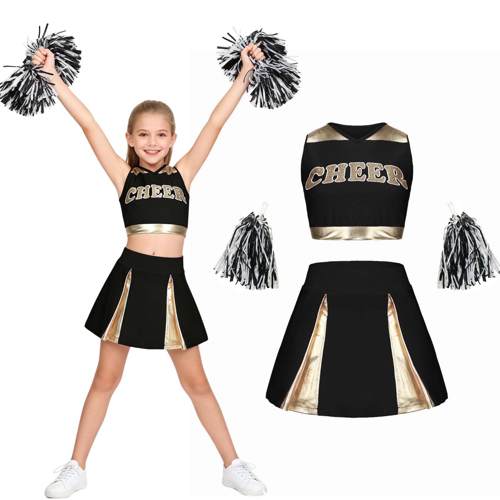 maxToonrain Girls Cheerleader Costume Shiny Gold Accents 3 PCS Kids Cheerleader Outfit with Pom Poms, Top