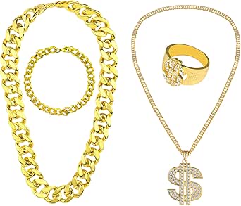 KINBOM 4 Piezas Kit de Disfraz de Hip Hop, Collar y Anillo con Signo de ...