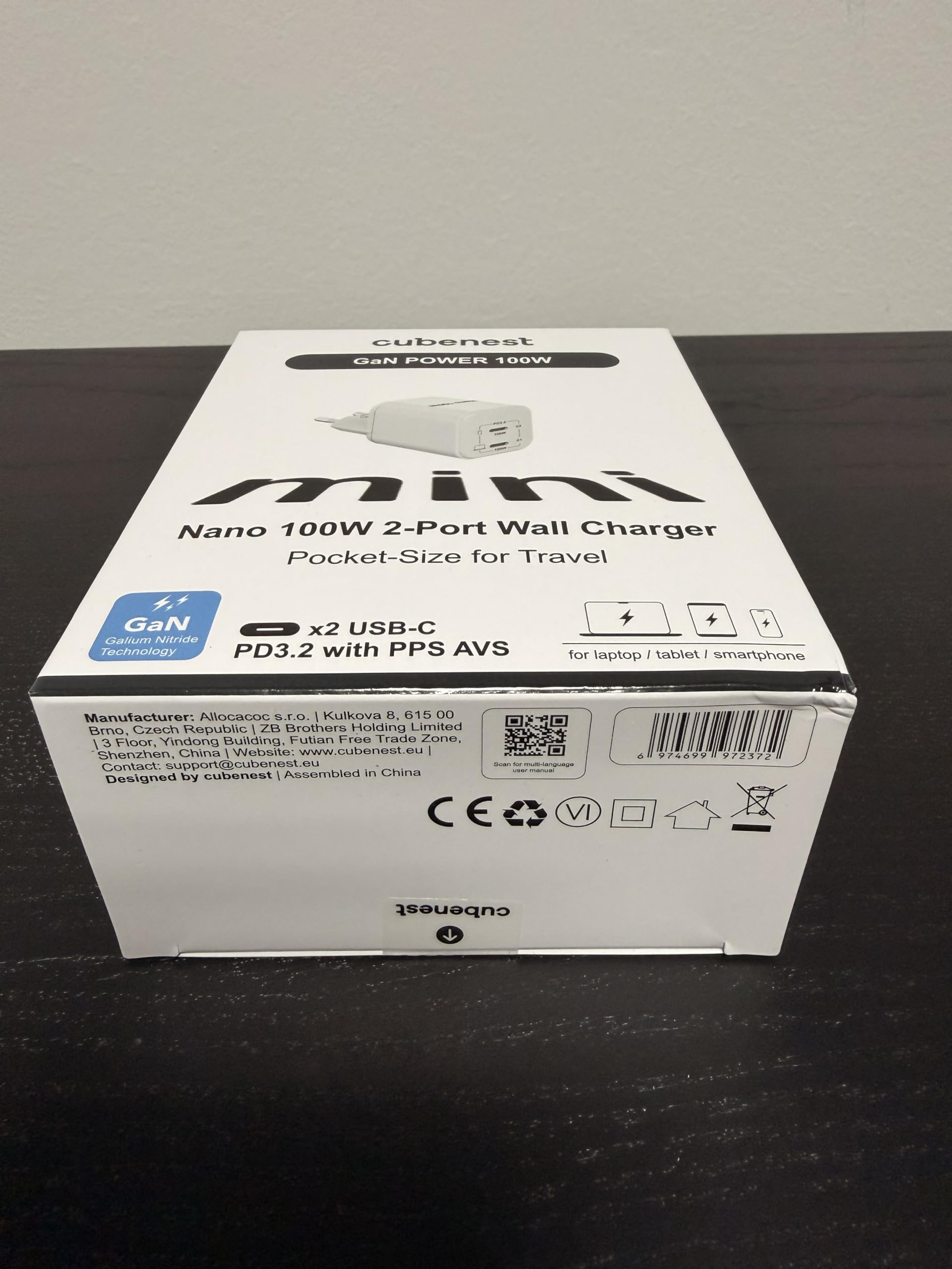 Cubenest N2D100 PD GaN Nano USB-C - Fuente de alimentación (100 W, 2 puertos USB-C, enchufe europeo), color blanco
