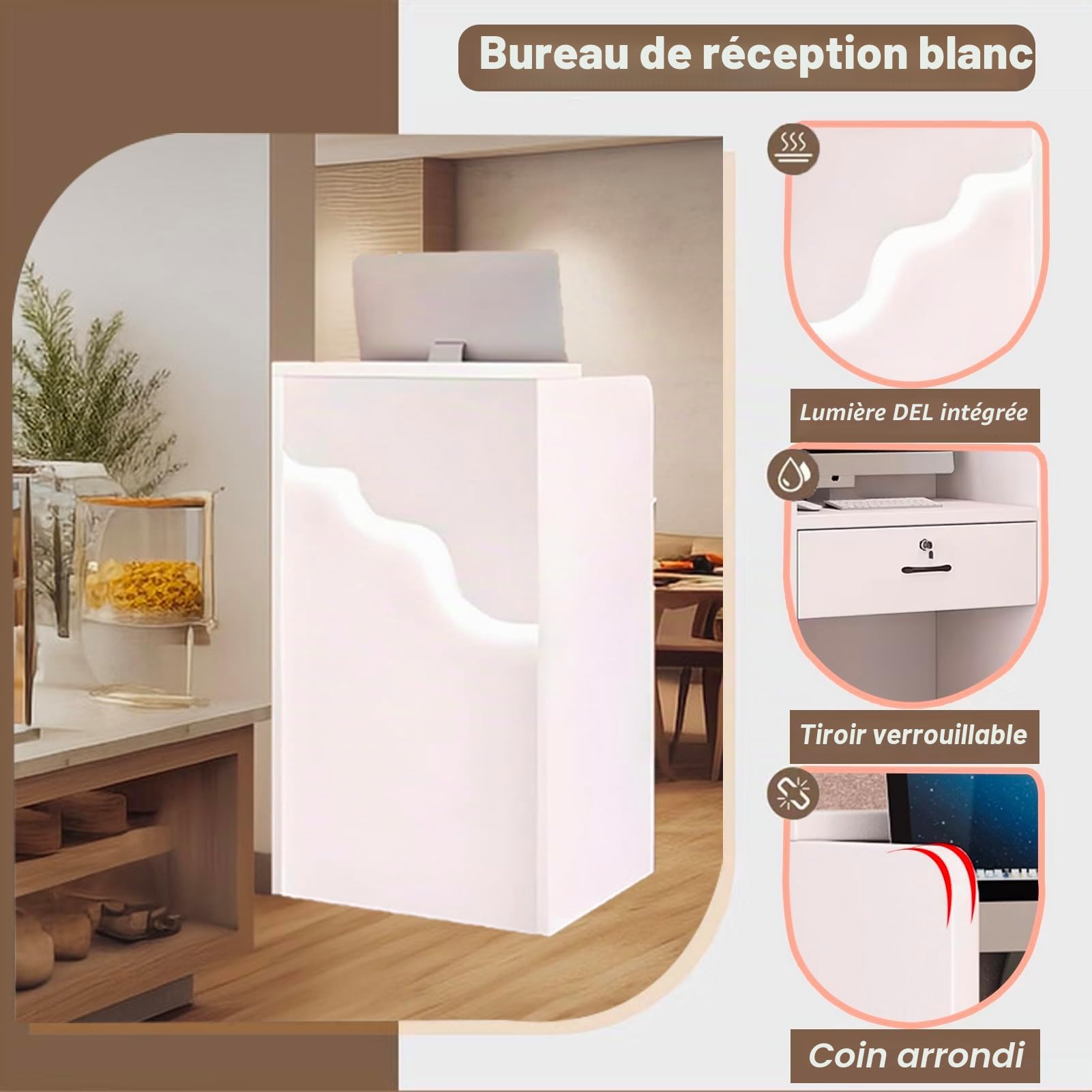 Petit comptoir de réception avec lumière LED, comptoir Moderne avec tiroir verrouillable, de Caisse Blanc pour Magasin de vêtements, Hall, Salon de beauté (Blanc, 60 x 40 x 96 cm)