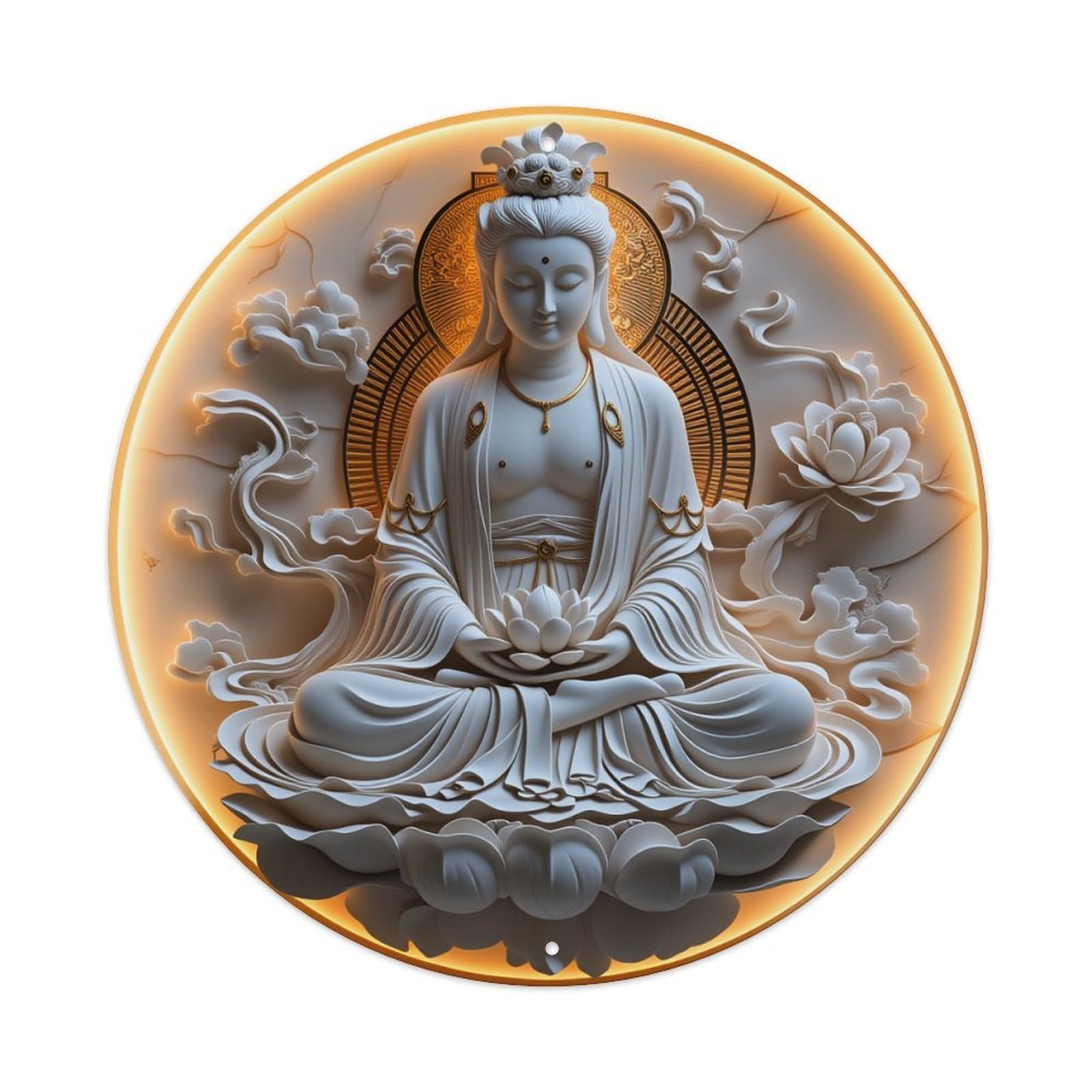 Buddha Lotus Clouds Mandala Gold Background Round Vintage Tin Sign,Retro Wall Art,Metal Poster for Home, Bar, Garage, Cafe, Rustic Indoor & Outdoor Decor, 8x8 Inches