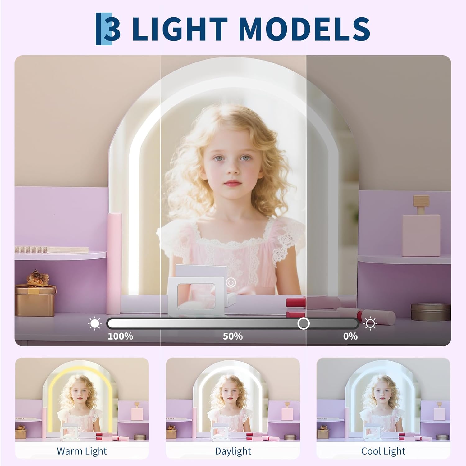 Garvee Kids Vanity with Lighted Mirror & Stool, Little Girls Vanity and Wooden Makeup Playset with Adjustable LED Light, Bookshelf, Storage Drawer & Shelves for Girls 3-9, Purple