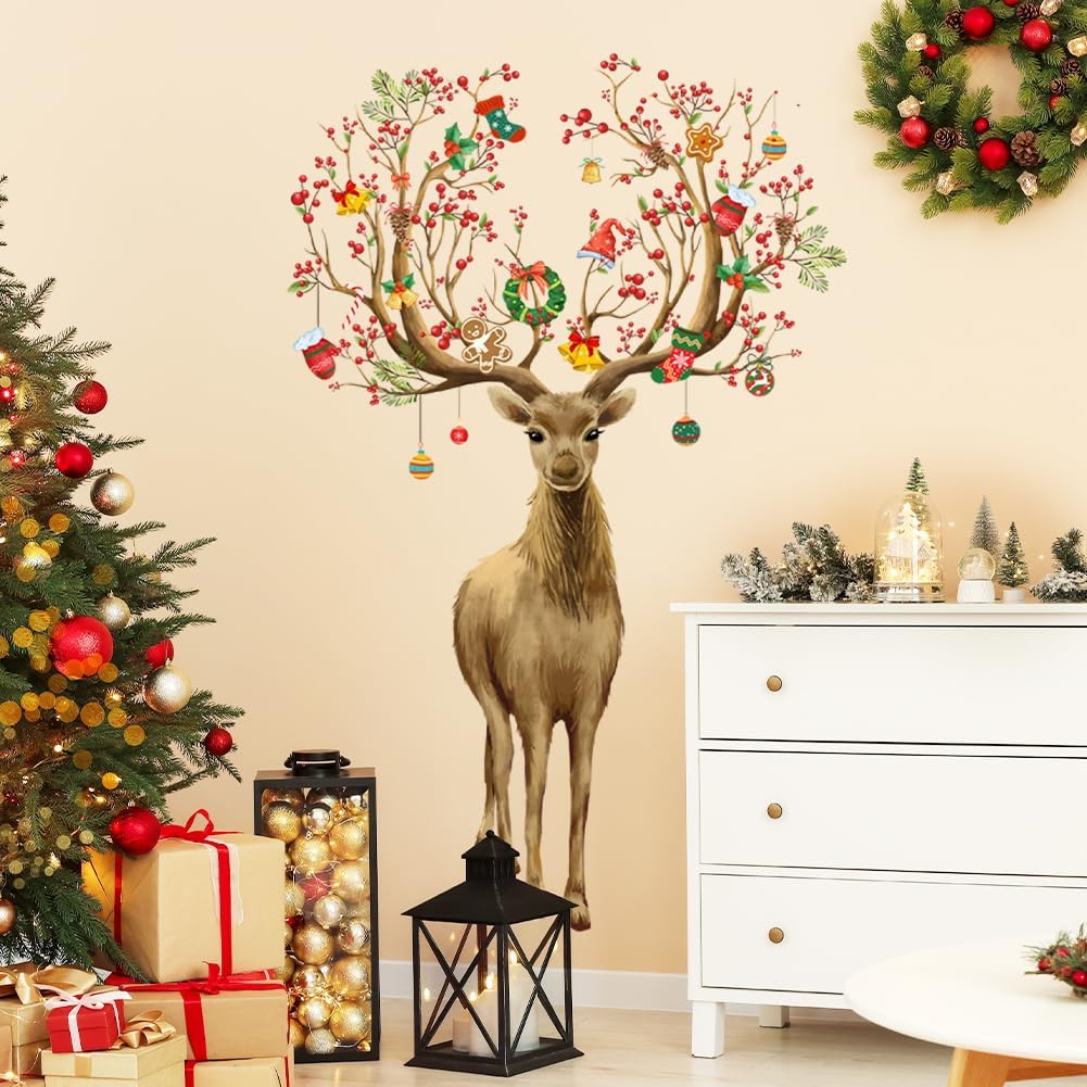 Merry Christmas Wall Decals Reindeer Christmas Wall Stickers Large Elk Deer Xmas Wallpaper Removable Peel and Stick Vinyl Wall Art for Bedroom Home Party