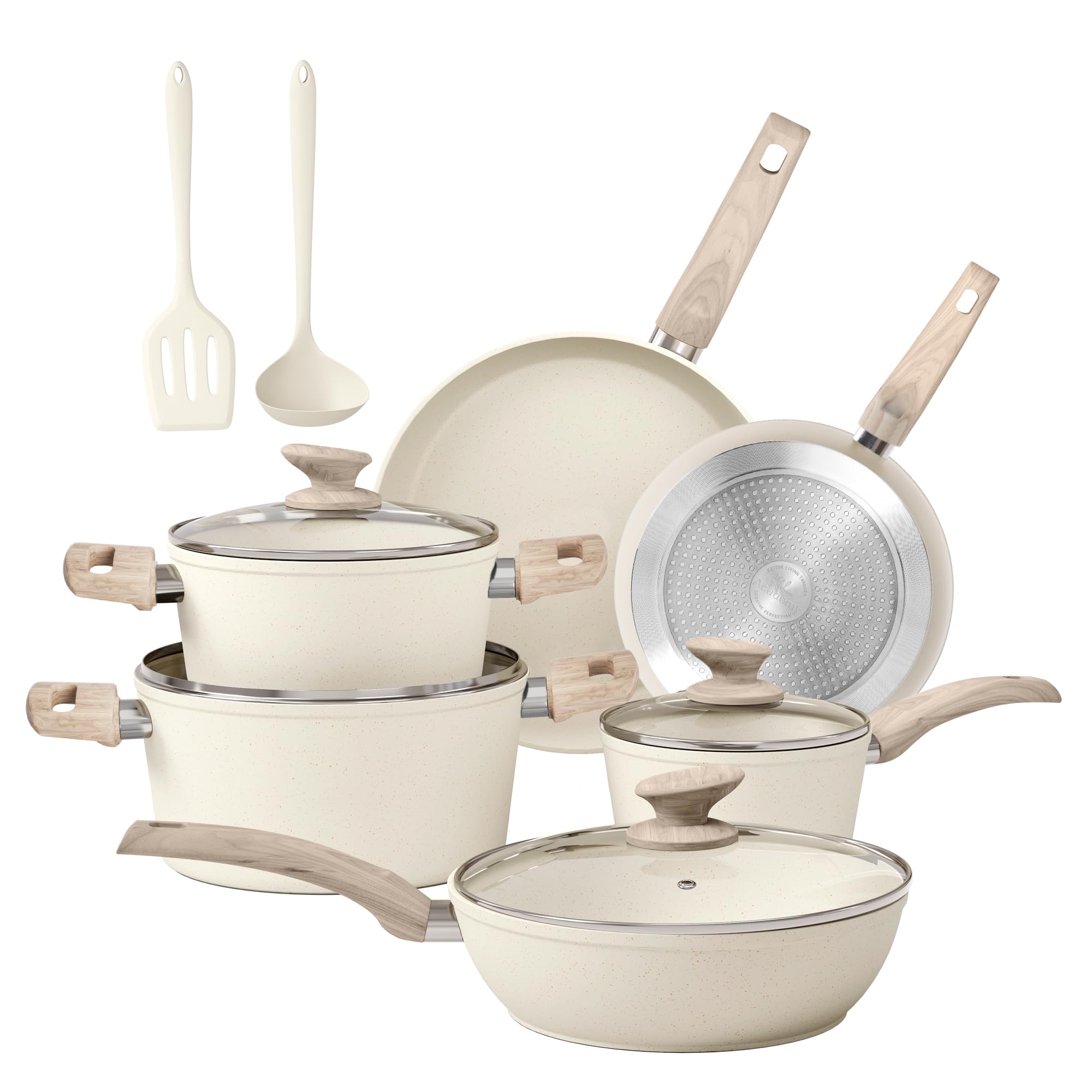 Kitchen Academy Topf und Pfannenset Topfset 12tlg Antihaft-Versiegelung | Kochgeschirr Set mit Deckel, Töpfe und Pfannen Set für Induktion, Gasherde und Mikrowelle, Beige