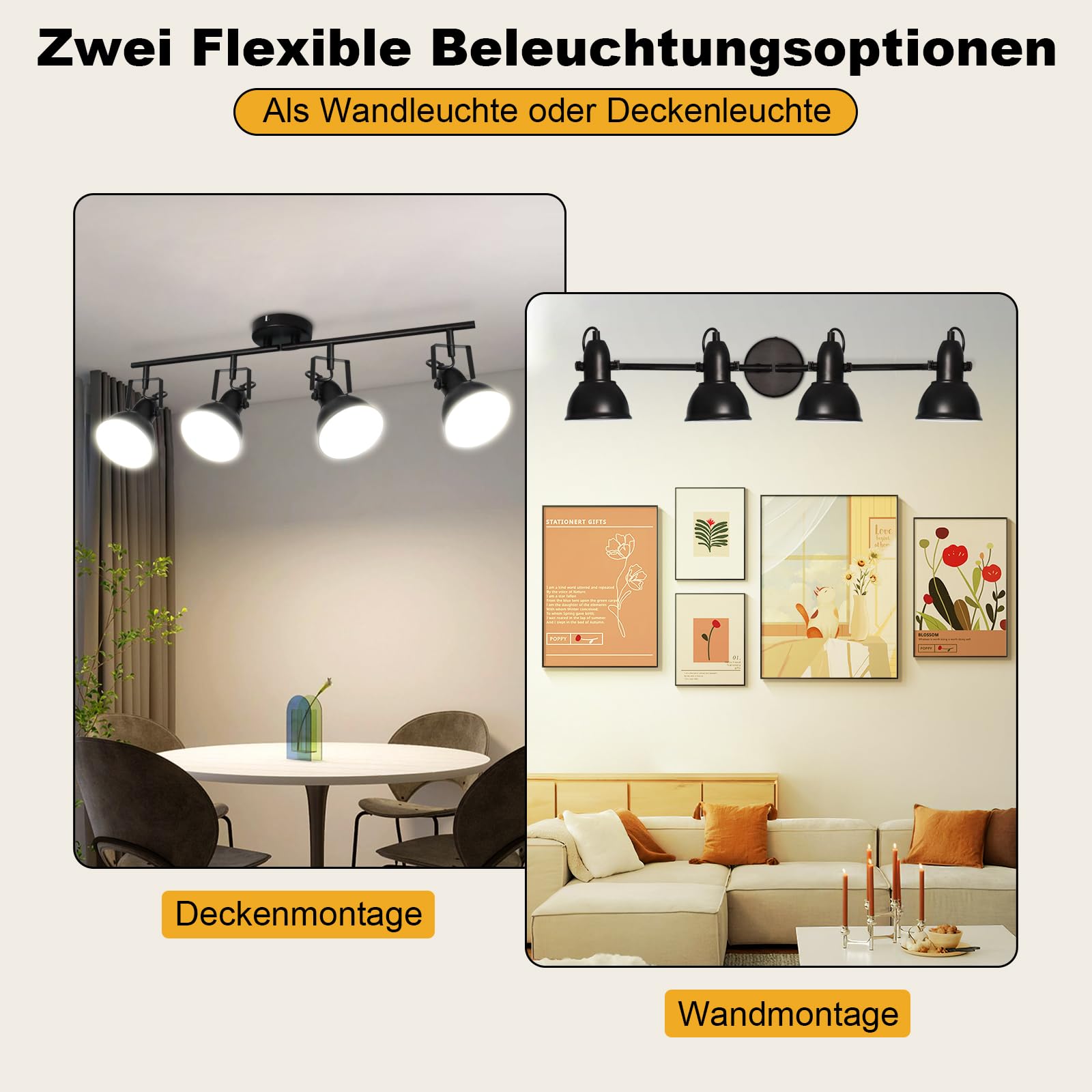 Deckenlampe 4 Flammig Schwenkbar E27 Deckenleuchte Wohnzimmer | Industrial, Schwarz-weiß, Deckenstrahler mit Verstellbaren, Vintage Metall, Wandlampe Innen, Ohne Leuchtmittel