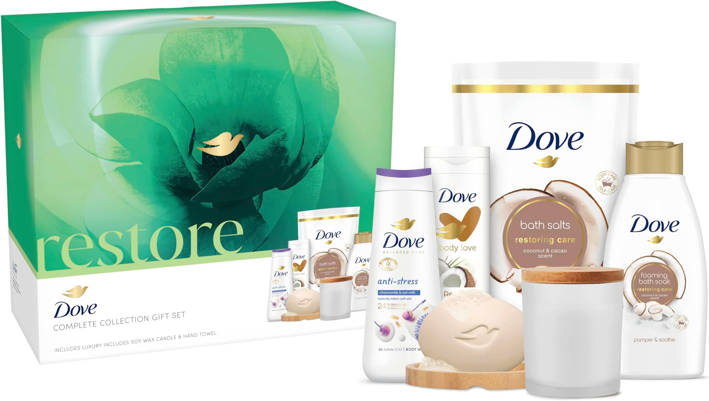 Dove Restore Body Wash Shower Gel, Bath Salt & Soak, Beauty Bar & Lotion Gift Set 5 piece