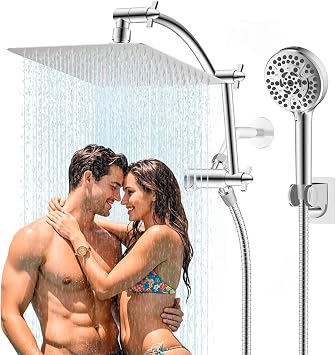 Hibbent All Metal cUPC Certified Shower Head, 10 High Pressure Rainfall Shower Head, Handheld Showerhead Combo with 16 Adjustable Extension Arm, 10 Sprays, 71 Hose, Showerhead Holder, Chrome