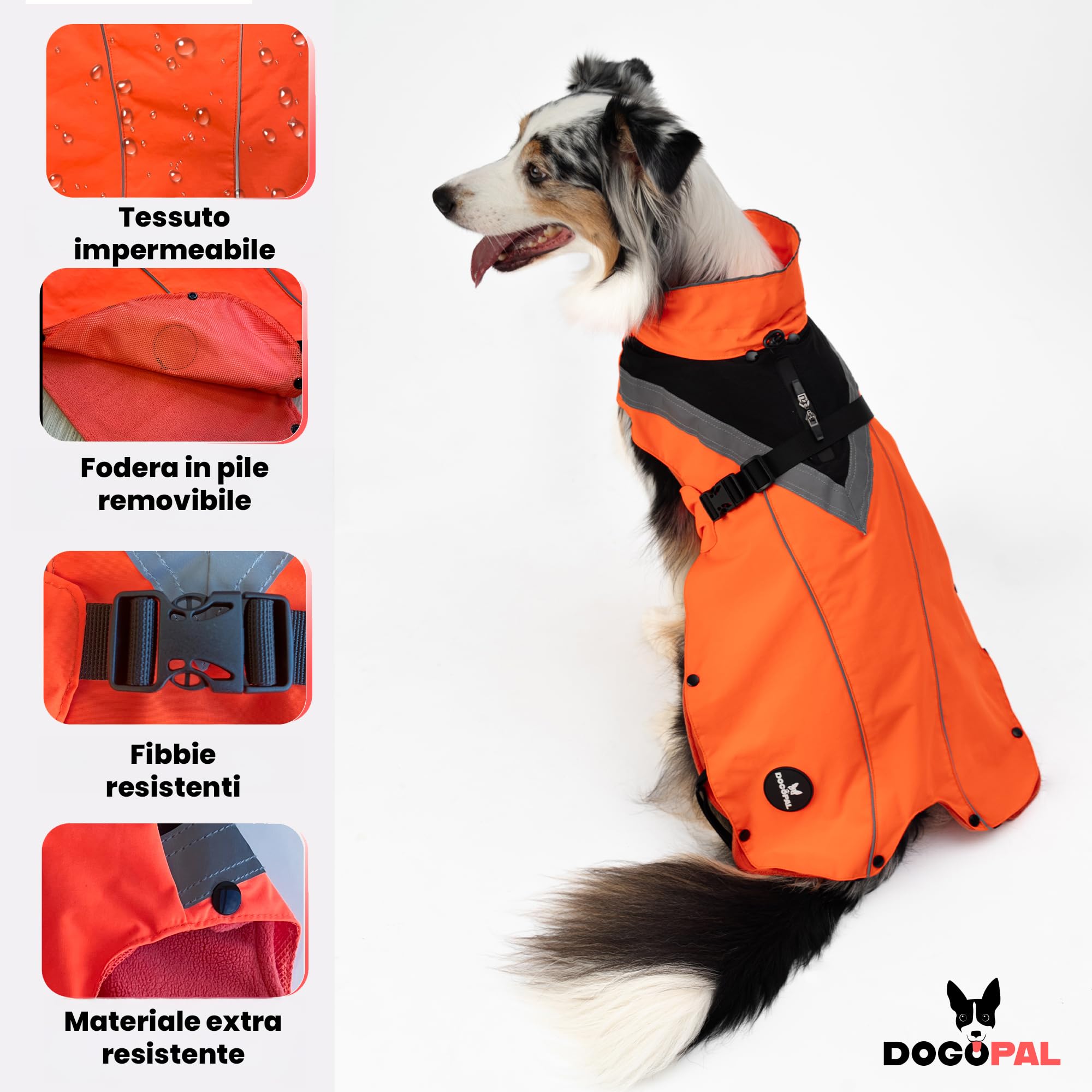 DOGOPAL Cappotto Impermeabile per Cani 2in1 All Weather – Mantello Antipioggia 100% Waterproof e Antivento con Fodera in Pile Rimovibile, Catarifrangente ad Alta Visibilità (Arancione, L)