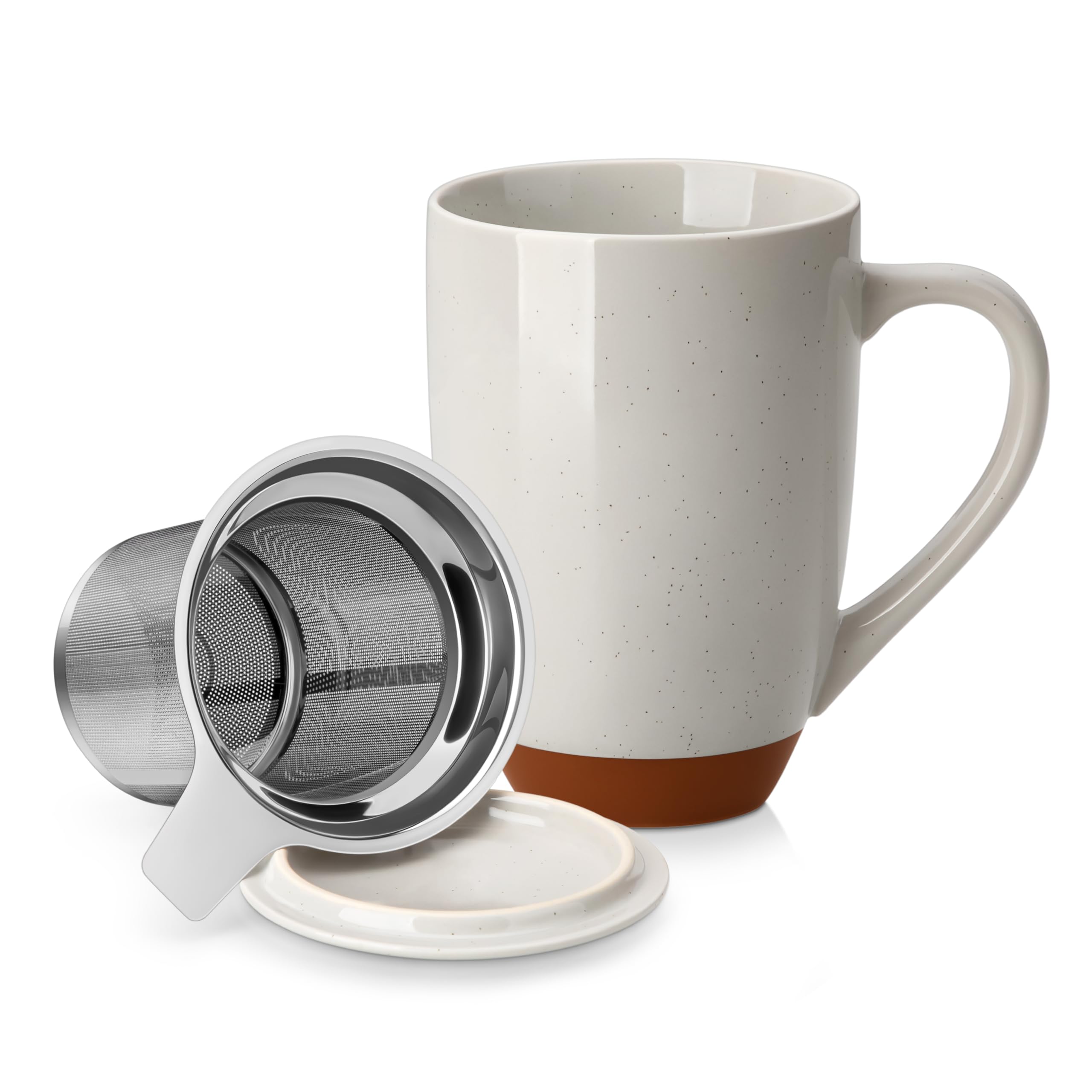MALACASA Ceramic 18 oz Tea Mug with Lid and Infuser, Khaki Gray