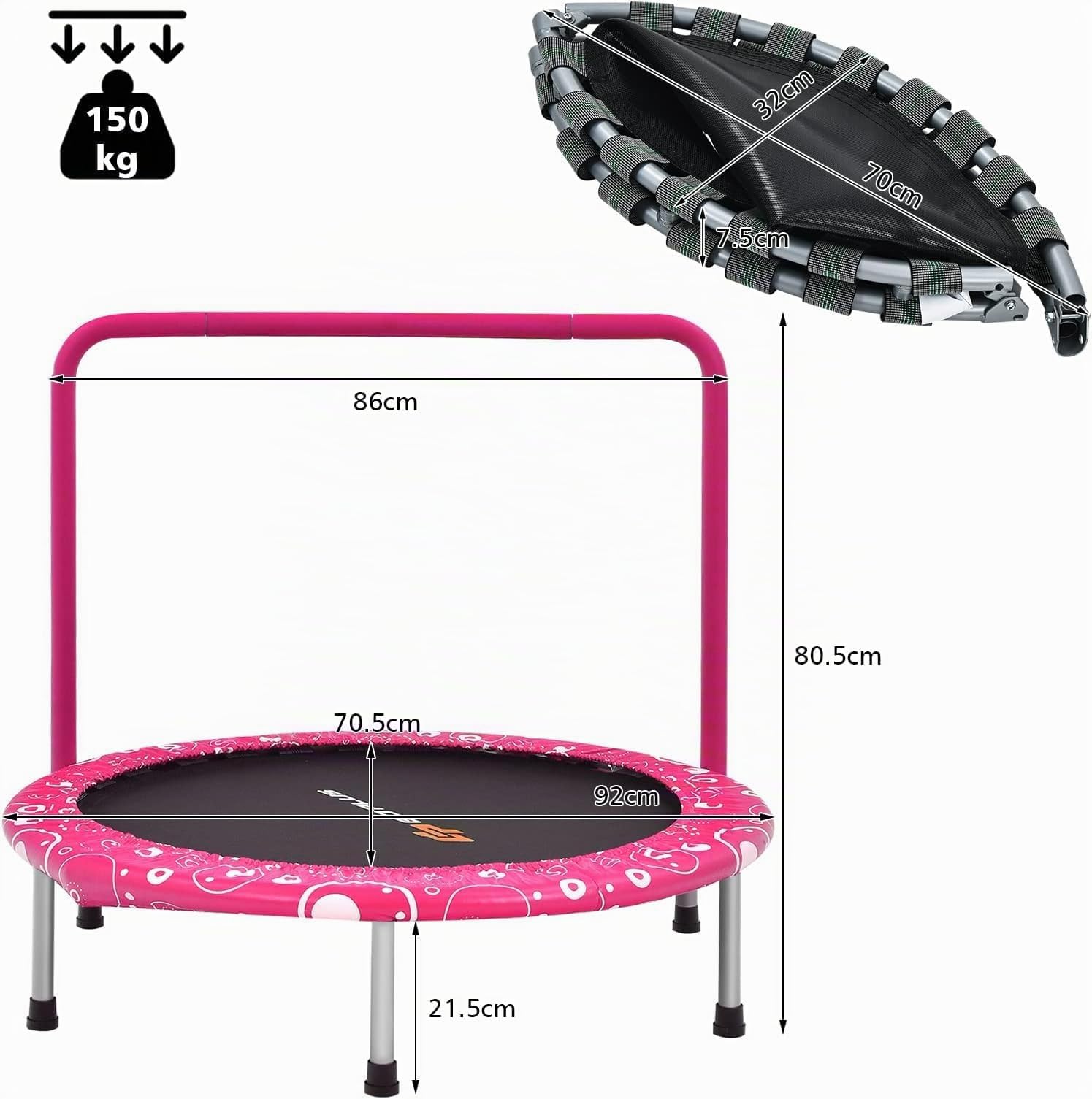 GYMAX Trampolino Pieghevole per Bambini, Trampolino Elastico con Maniglia Staccabile, con Struttura in Ferro, Portata 150 kg, Ideale per Interno ed Esterno, 92x92x80 cm (Rosa)
