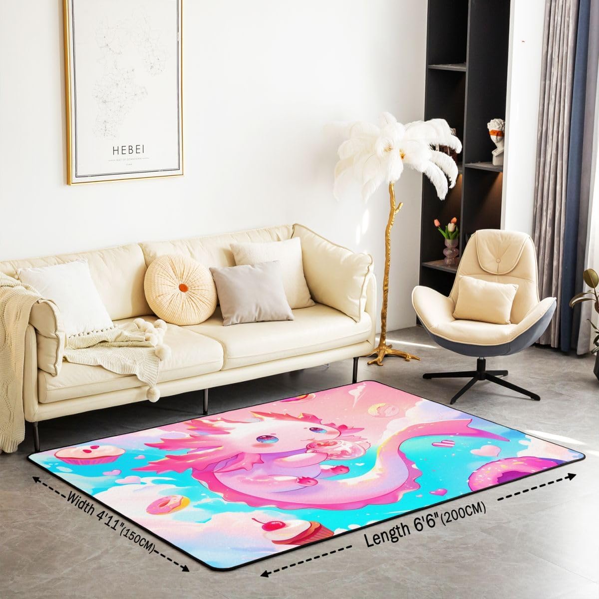 jejeloiu Cute Axolotl Area Rug 3x5 Polyester Rainbow Donut Living Room Rugs for Bedroom Cartoon Animal Decor Carpet Glitter Galaxy Indoor Floor Mat Soft Non-Slip