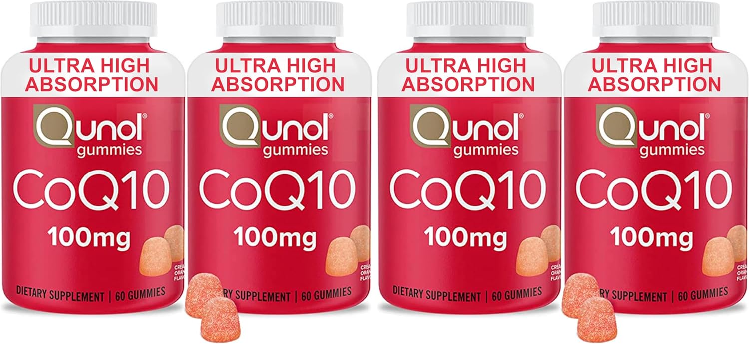 Qunol CoQ10 Gummies, CoQ10 100mg, Delicious Gummy Supplements, Helps Support Heart Health, Vegan, Gluten Free, Ultra High Absorption, 2 Month Supply (60 Count, Pack of 4)