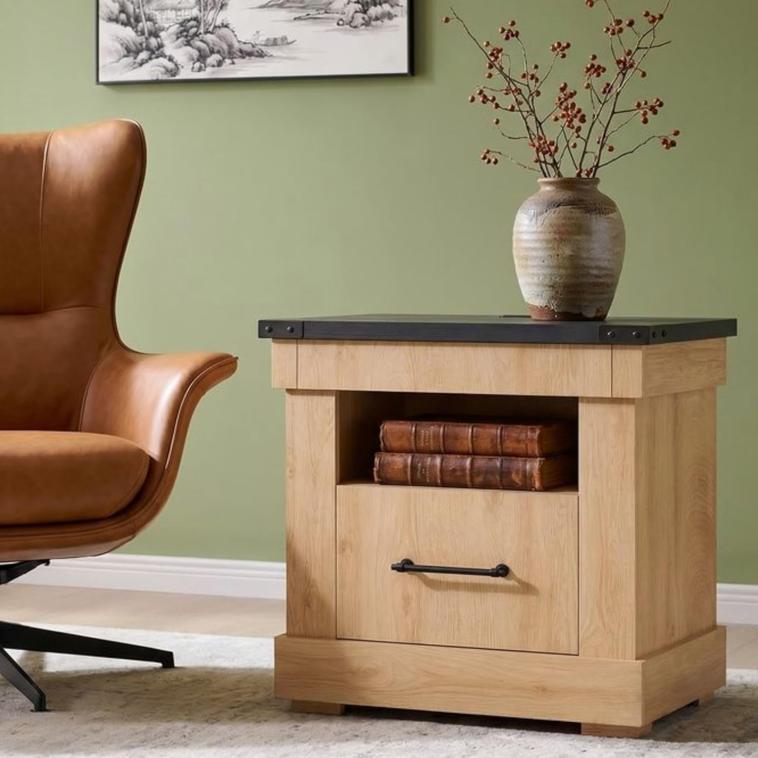 LIKIMIO Nightstand with Charging Station, 23.6" Wide Bedside Table, Modern End Table with 2 Drawers & Open Shelf, Wood Night Stand with Thickened Base for Bedroom, Natural Oak