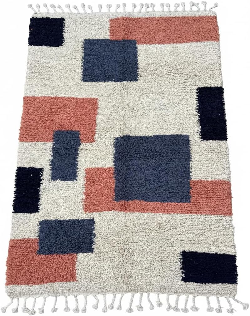 Moroccan Wool Area Rug 6' x 9' – Handmade Berber Shag, Modern Geometric Color Block Design, Ivory/Cream with Navy and Terracotta (No Fringe)