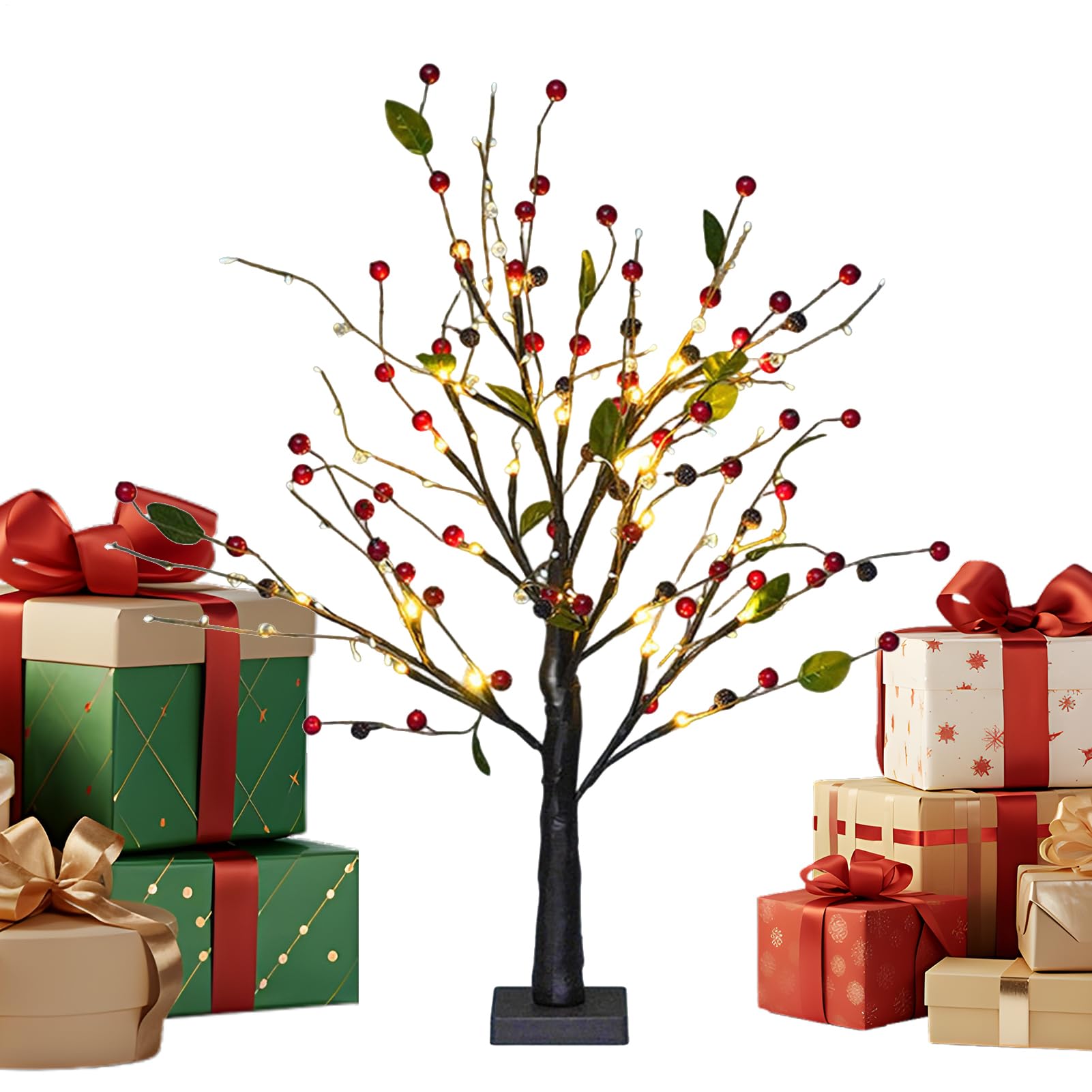 Árbol de flores de bayas rojas con luces para mesa de comedor u oficina