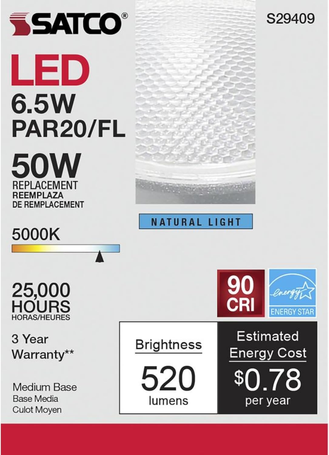 Satco 6.5W PAR20 LED Light Bulb 5000K Natural Light 520 Lumens 40 Degree Beam E26 Medium Base 90 CRI Dimmable Wet Rated Enclosed Fixture Rated 120V S29409 (2 Pack)