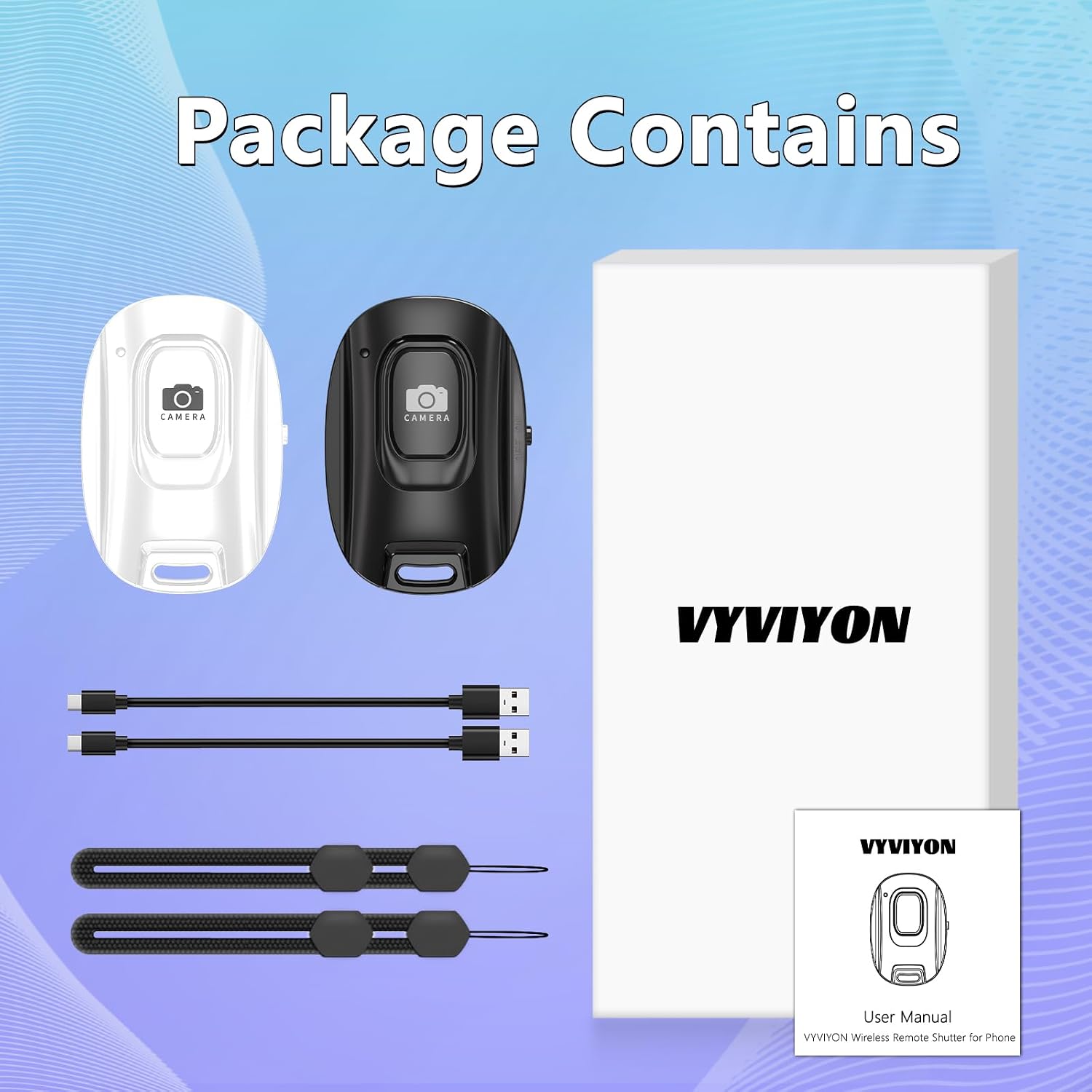 Contents of the VYVIYON Bluetooth Camera Remote Shutter package, including two remotes, two charging cables, two lanyards, and a user manual box.