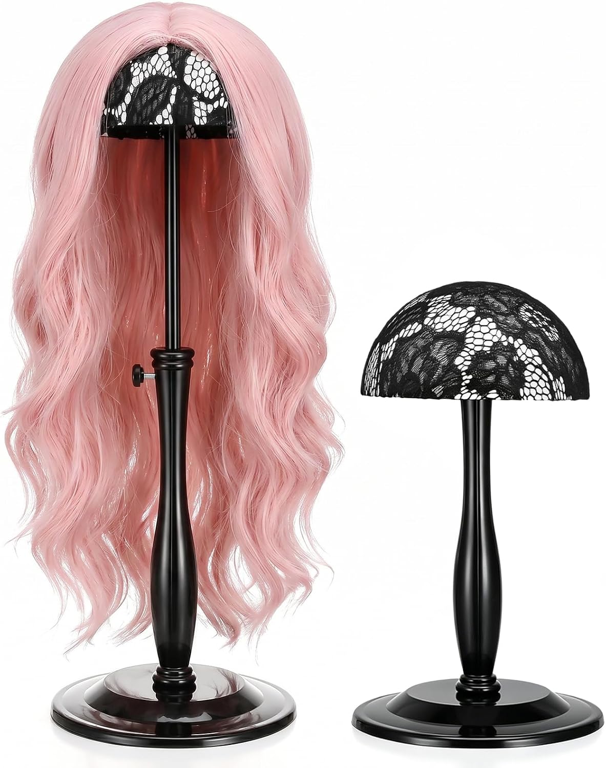 Wig Stand 2 Pcs, Adjustable Height 12.6 - 18.5 Inch Plastic Wig Stands, Portable Non Slip Wigs Head Stand Holder for Wigs Hats Styling Drying Display Black