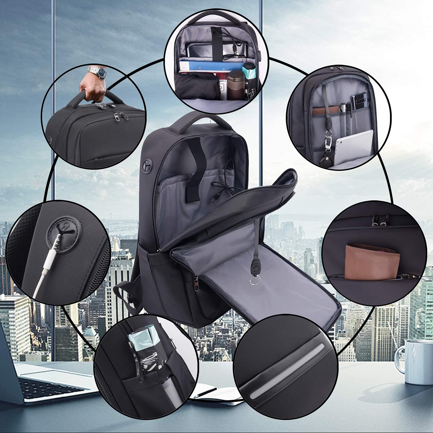 Sac à Dos Ordinateur Portable 17 Pouces Grande Capacité Homme Imperméable Antivol PC Portable avec USB Charging Port Fonctionnel pour Voyage Affaires Collège Femme Noir