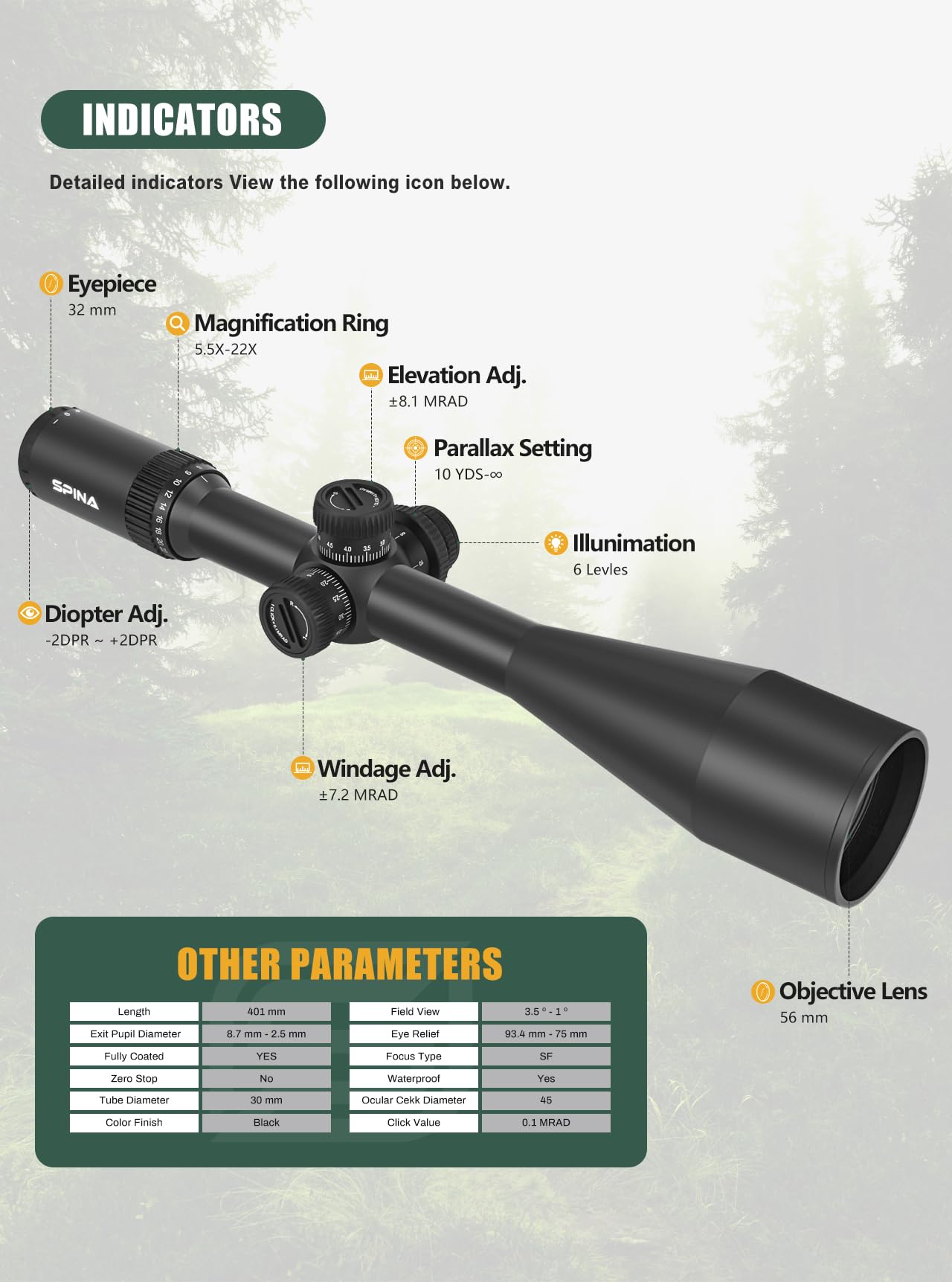 SPINA OPTICS 5.5-22x56 FFP Lunette de visée- 1 / 10mil Premier Focal Plane viseur avec Filet d'éclairage, Pare - Soleil, Roue parallaxe