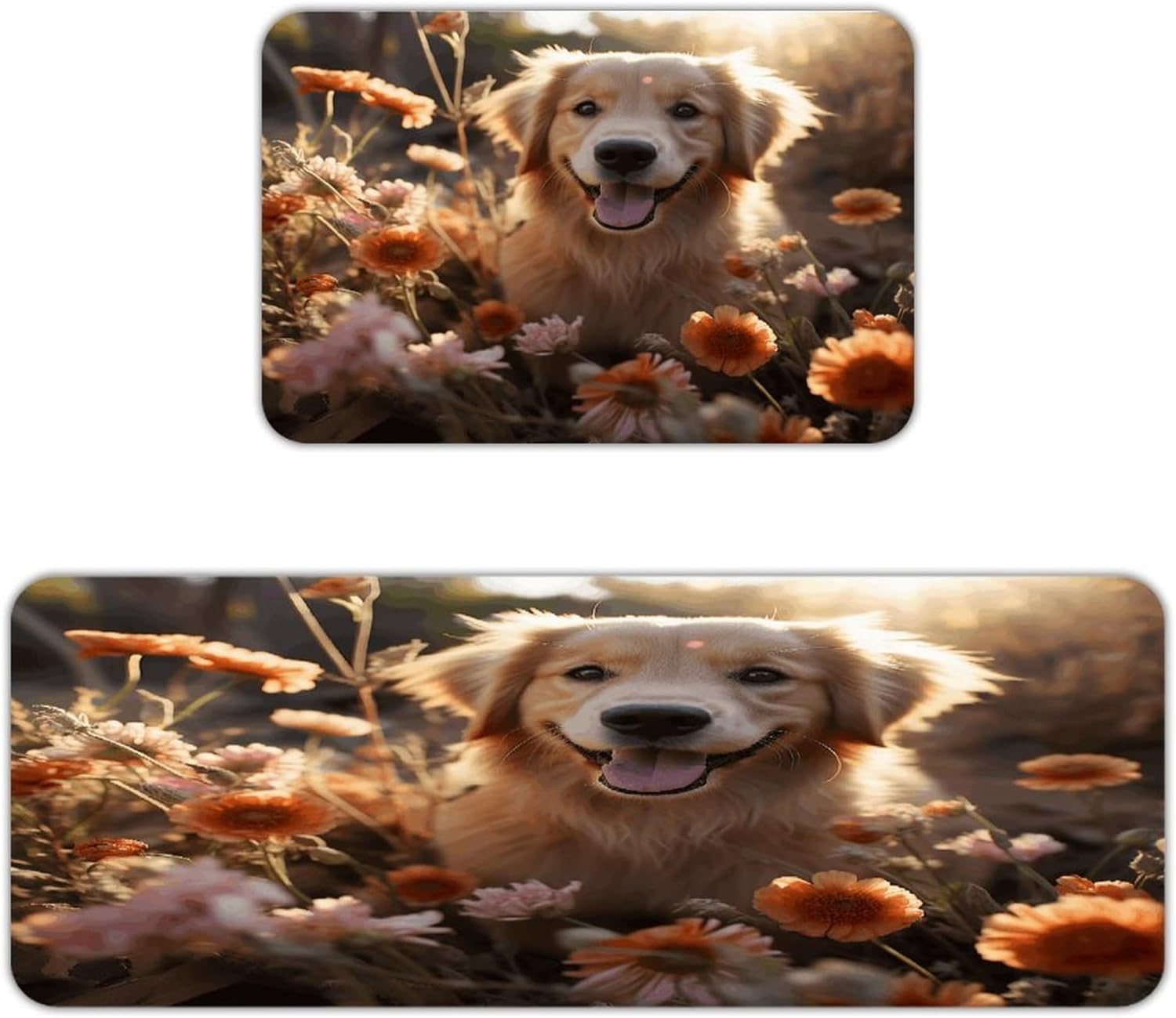 Golden Retriever and Flowers Kitchen Mat Washable Non Slip Rugs Soft Kitchen Mats for Floor Set of 2 PCS Cushioned Absorbent Runner Standing Rugs for Home Sink Laundry Office