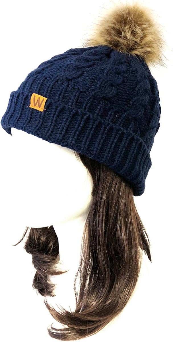 Allydrew Winter Warm Soft Knit Beanie with Faux Fur Pom Pom, Mommy & Me Dark Blue Beanie at  Women’s Clothing store