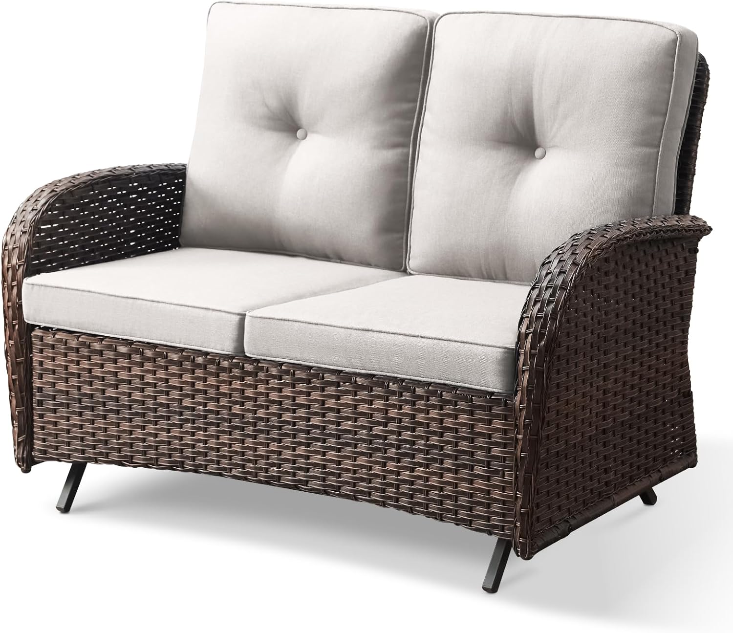 Patio Loveseat Wicker Loveseat Rattan Glider Sofa with Curved Armrest Thicking Back & Seat Cushions for Garden Balcony Backyard Brown Wicker|Beige Cushions (B) Patio Loveseat Glider