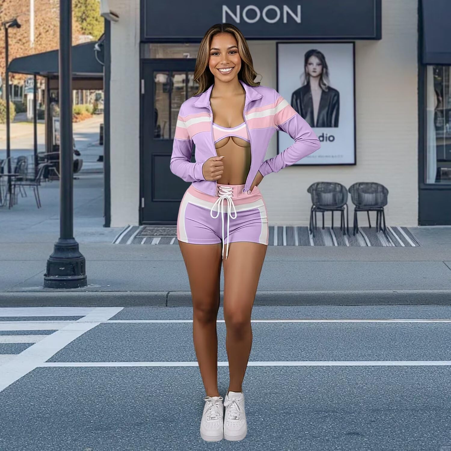 WXN Women Two Piece Sets Long Sleeve Casual Zipper Jacket Shorts Set Going Out Travel Outfits - Image 4