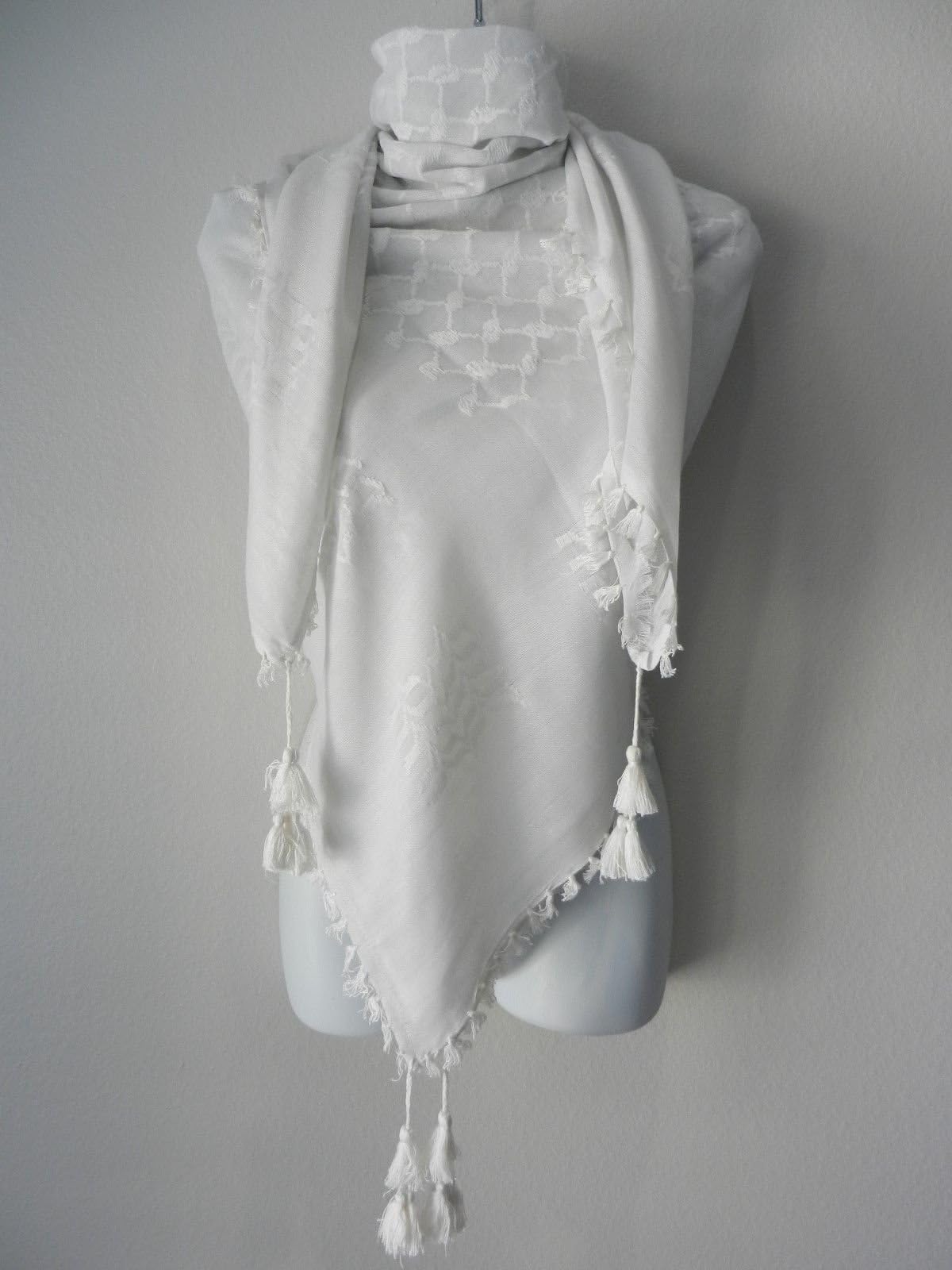 Solid White On White Arab Unisex Shemagh Head Scarf Neck Wrap Authentic Cotton