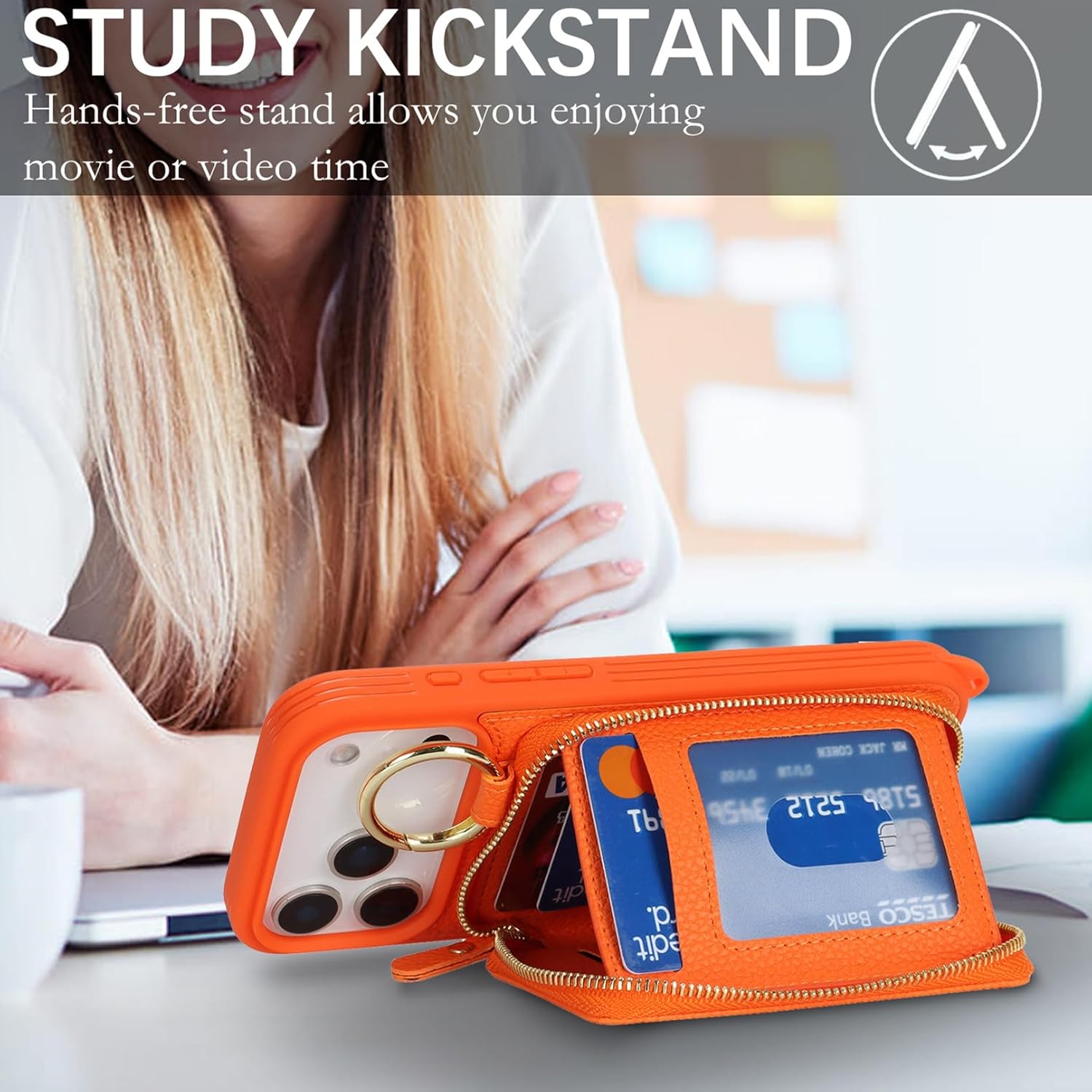 Jaorty Crossbody Wallet Case for iPhone 17 Pro Max with Shoulder Stap,Finger Ring, PU Leather Zipper Handbag Purse Flip Cover, Kickstand Folio Case with Card Slots Holder 5G 6.9 Inch, Orange