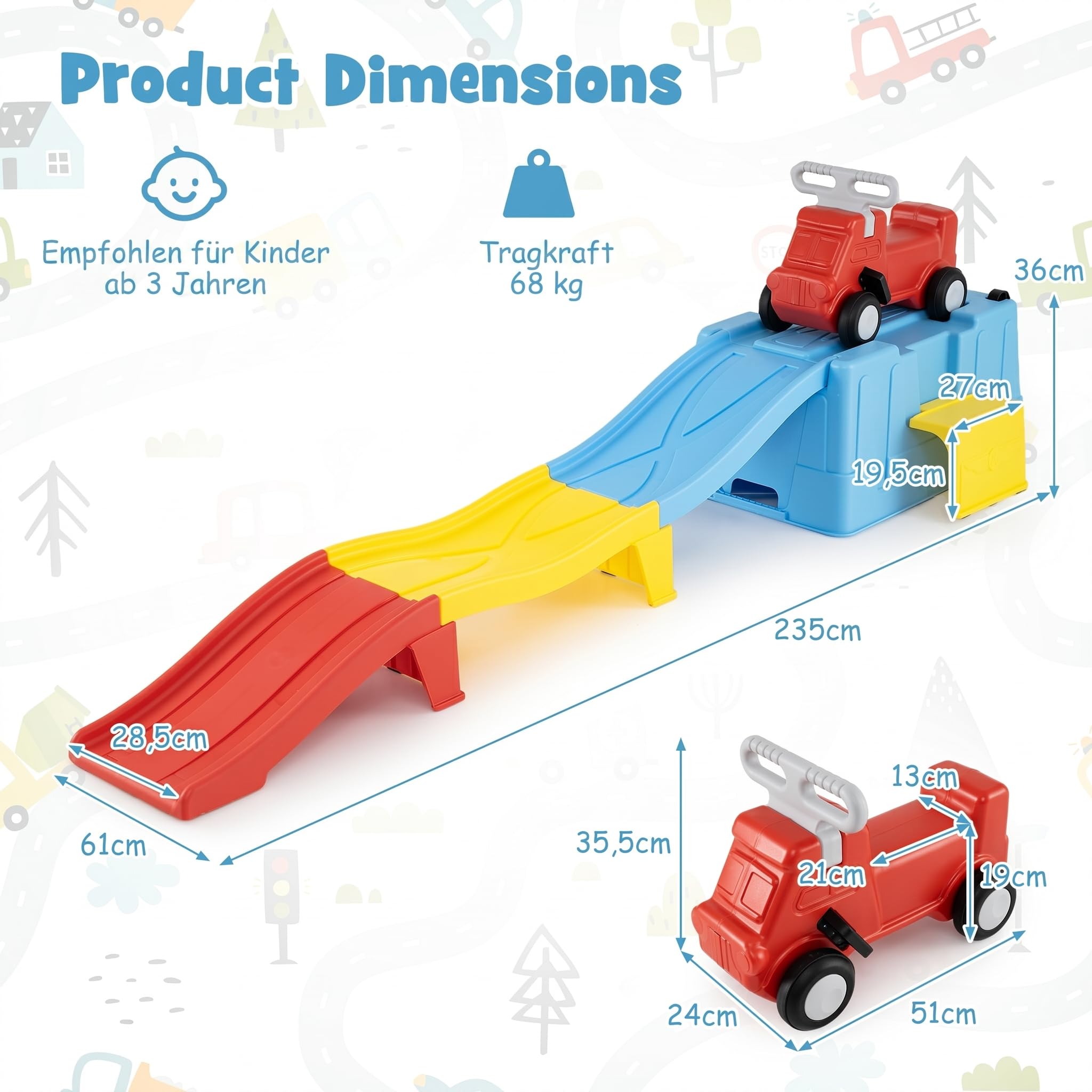 COSTWAY Up & Down Roller Coaster bis 68 kg belastbar (Blau + Gelb + Rot) | erweiterbare Kinderachterbahn mit Rutschauto, Aufbewahrungsbox & Abfahrtsrennbahnen, Motorikspielzeug für kinder ab 3 Jahre