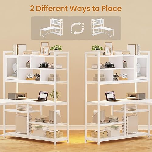 Miniatura 6 de SEDETA Escritorio para computadora en forma de L, escritorio de oficina de 58 pulgadas con luz LED y estantería, escritorio de esquina en forma de L