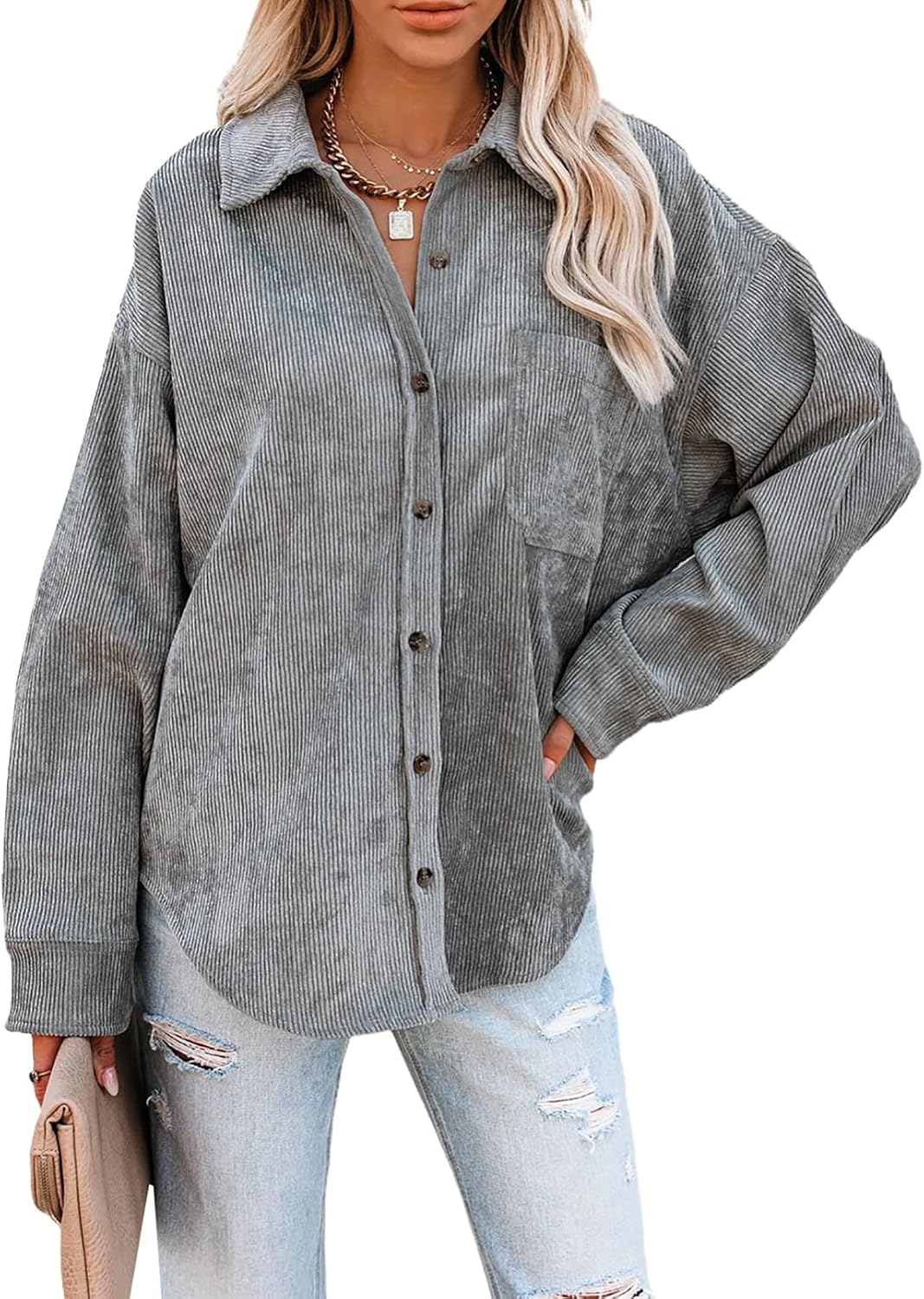 Dokotoo Womens Corduroy Button Down Shirts Boyfriend Long Sleeve Oversized Blouses Tops: Clothing