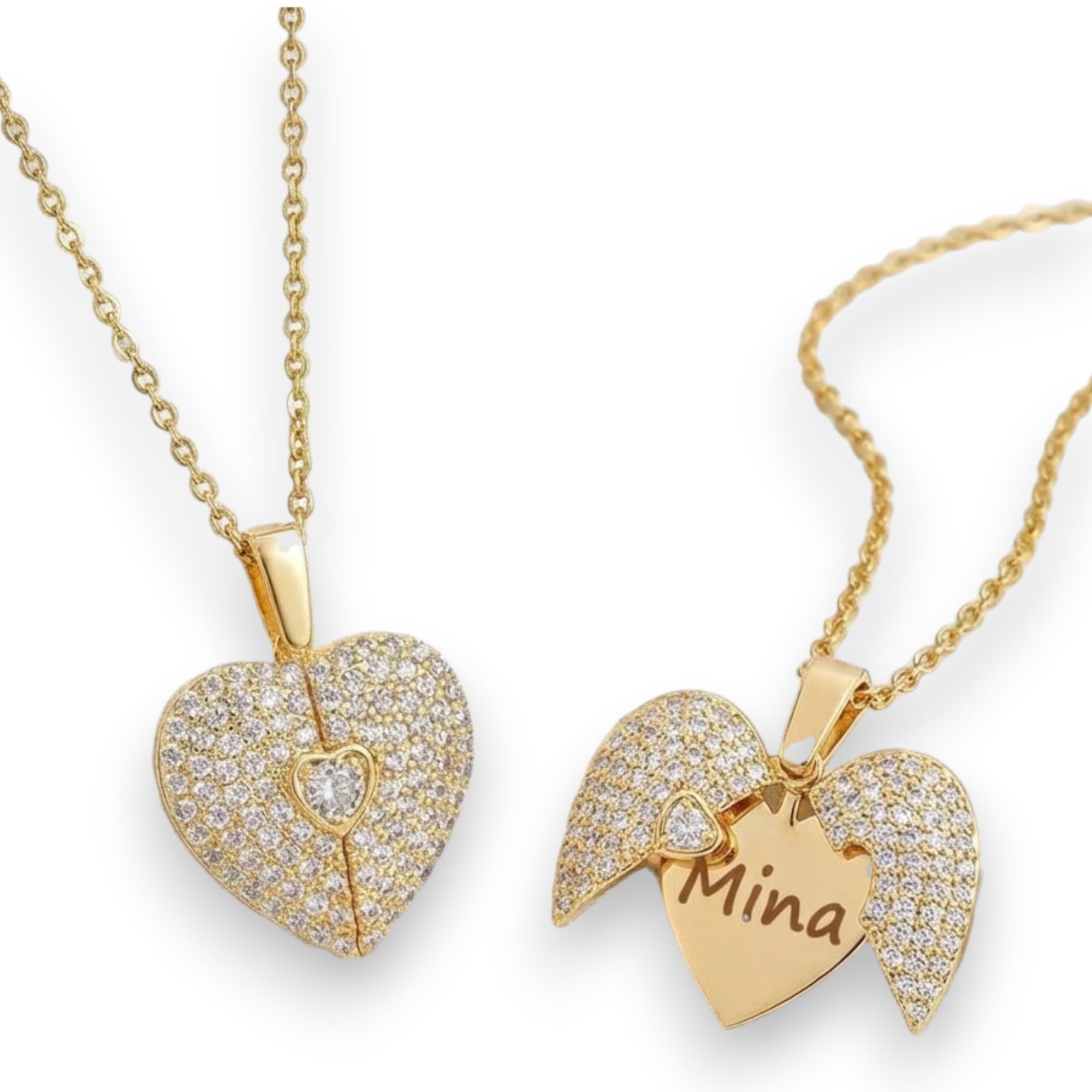 Personalized Angelic Wings Heart Locket Necklace, Custom Engraved Name Stainless Steel Pendant with 18 + 2 text-inchChain Pave Transforming Gift for Women-image-49