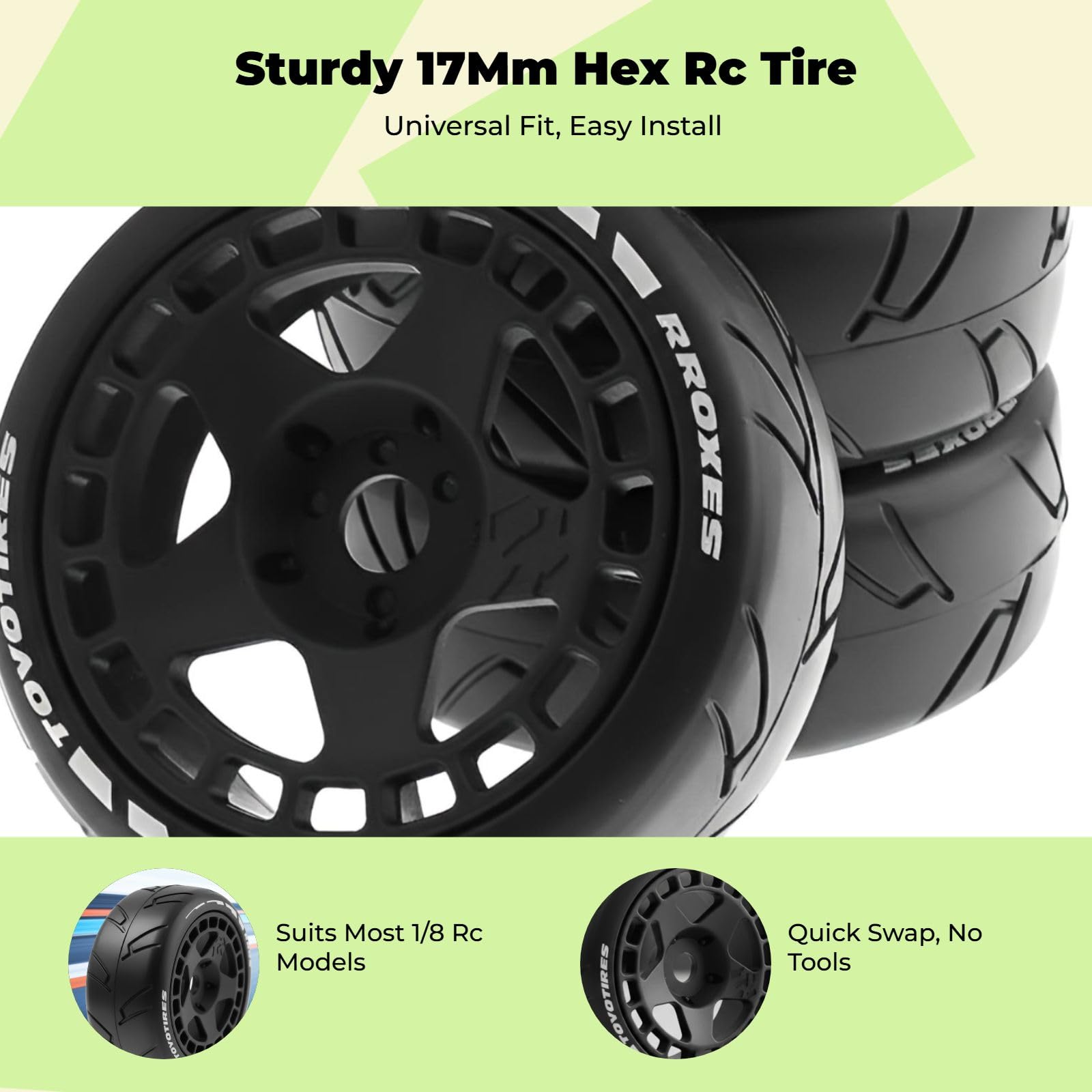 Baoblaze 4X RC Car Nabe Felge Und Reifen 1:8 1:7 Gummi für RC Road Buggy Car, Schwarz