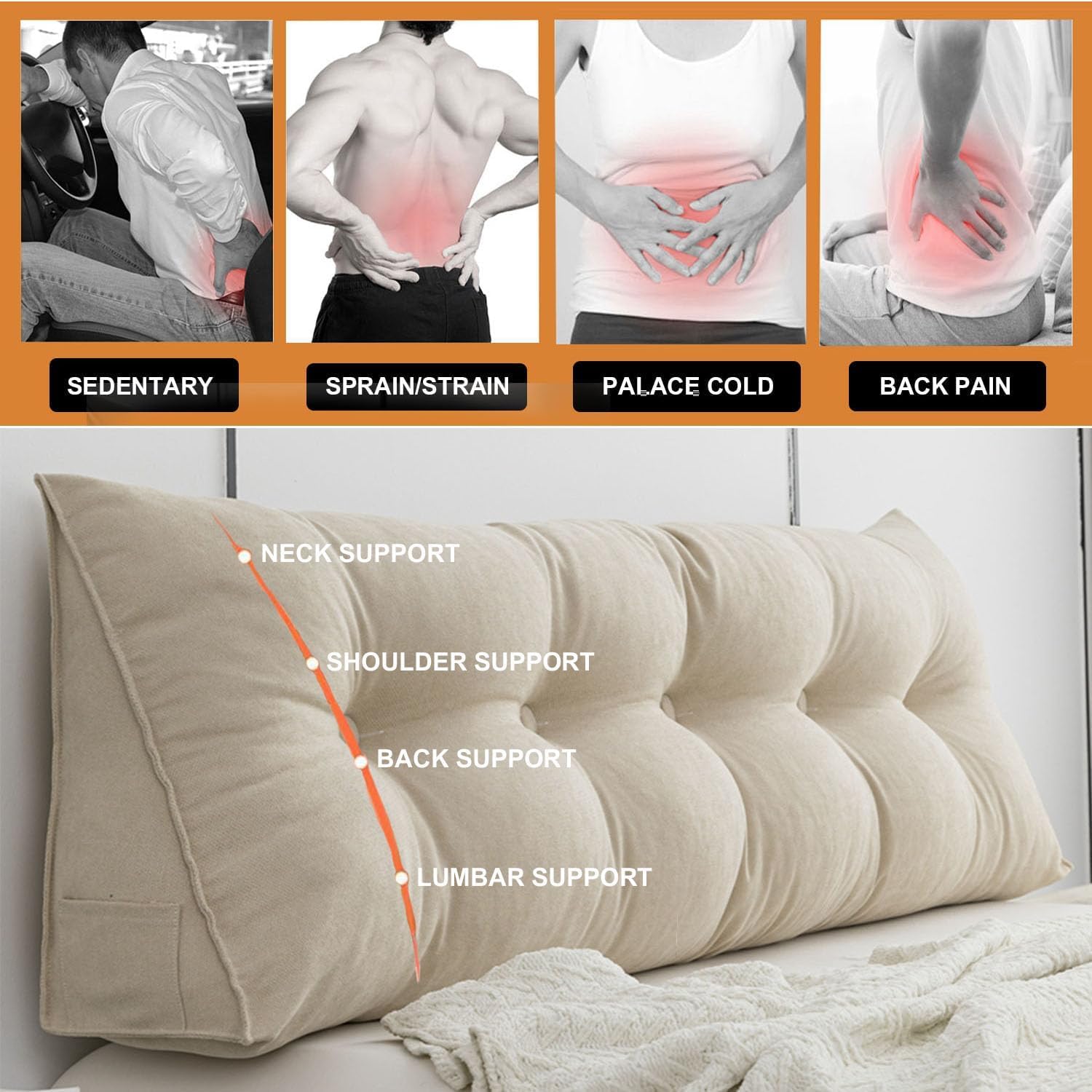 Triangle Reading Bed Pillow Queen Size Cushion Headboard Backrest Wedge Pillow for Neck and Lumbar Support for Sofa Bed Bunk Bed Dorm with Removable Cover (Color : Beige, Size : Queen/59 inches)