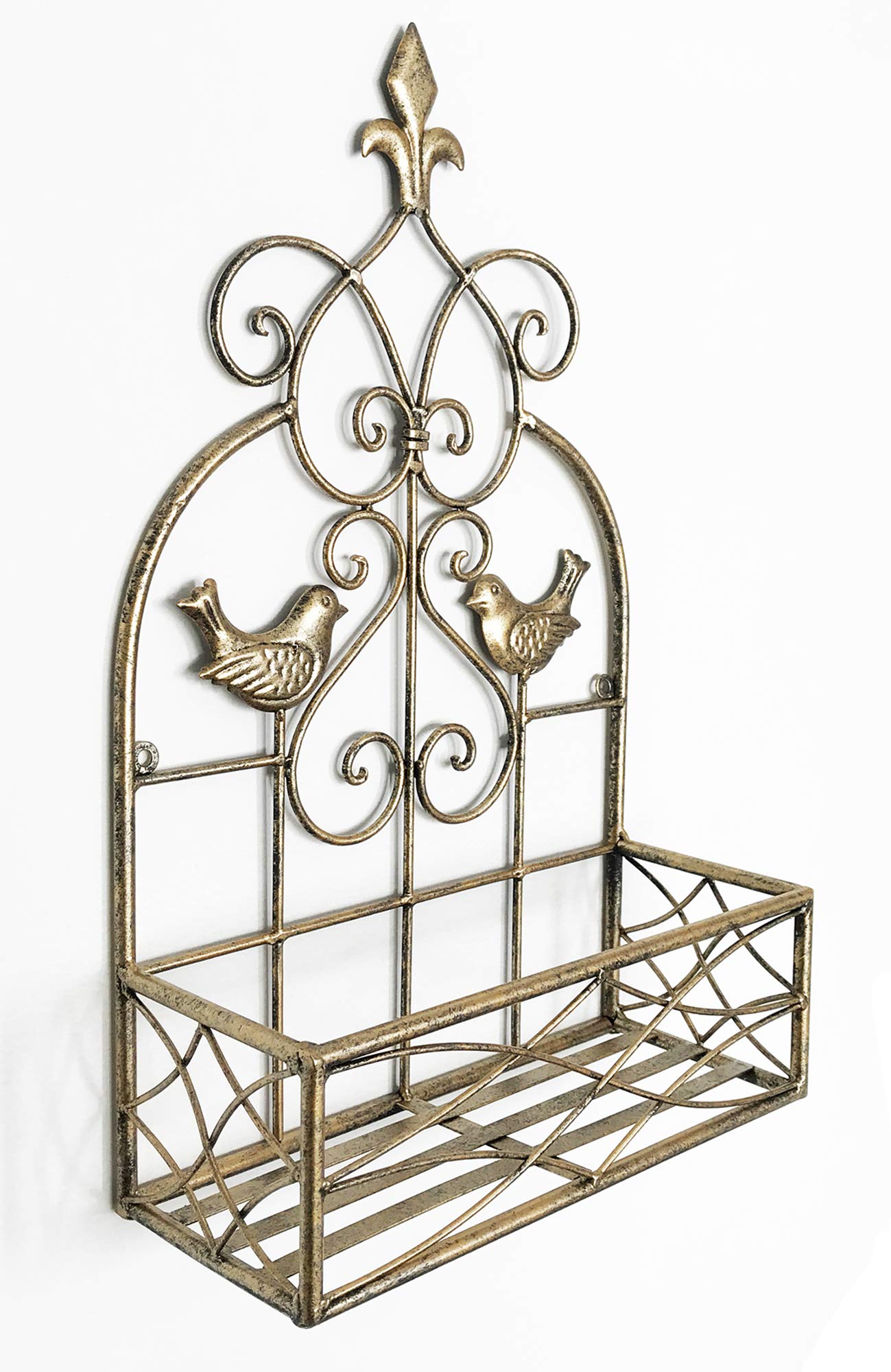Antiqued Gold Distressed Painted Metal Wall Planter or Basket Shelf with Bird Design