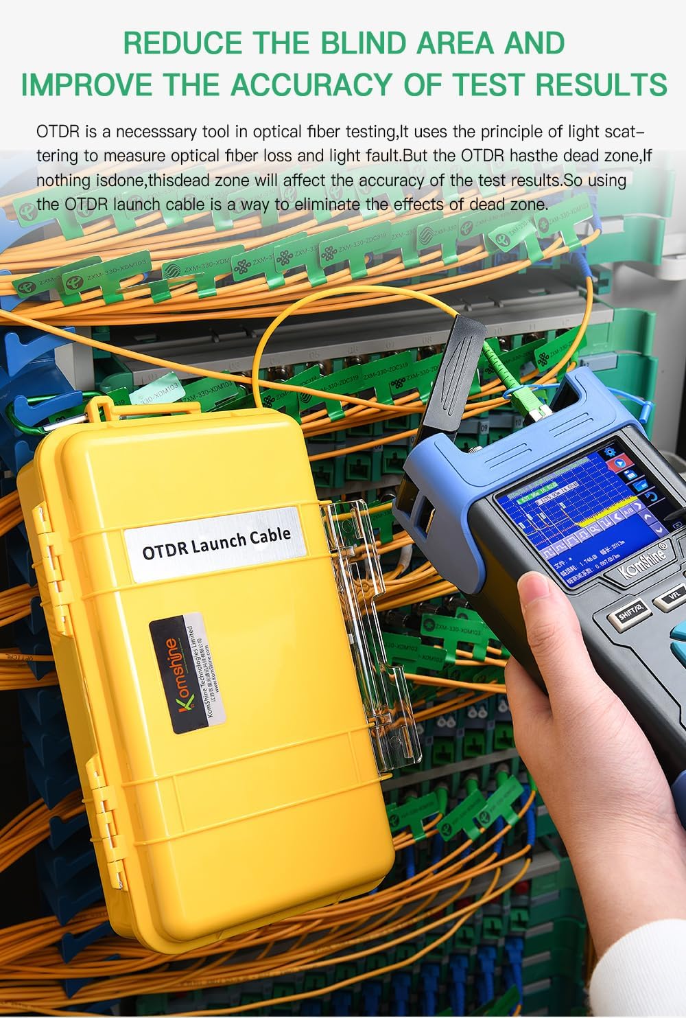 KOMSHINE SC APC to LC APC Extension Cord OTDR FTTH 1KM Fiber Optic OTDR Launch Cable Box G652D SM Cable 9/125um, SingleMode 1310/1550nm Used with OTDR Low Loss