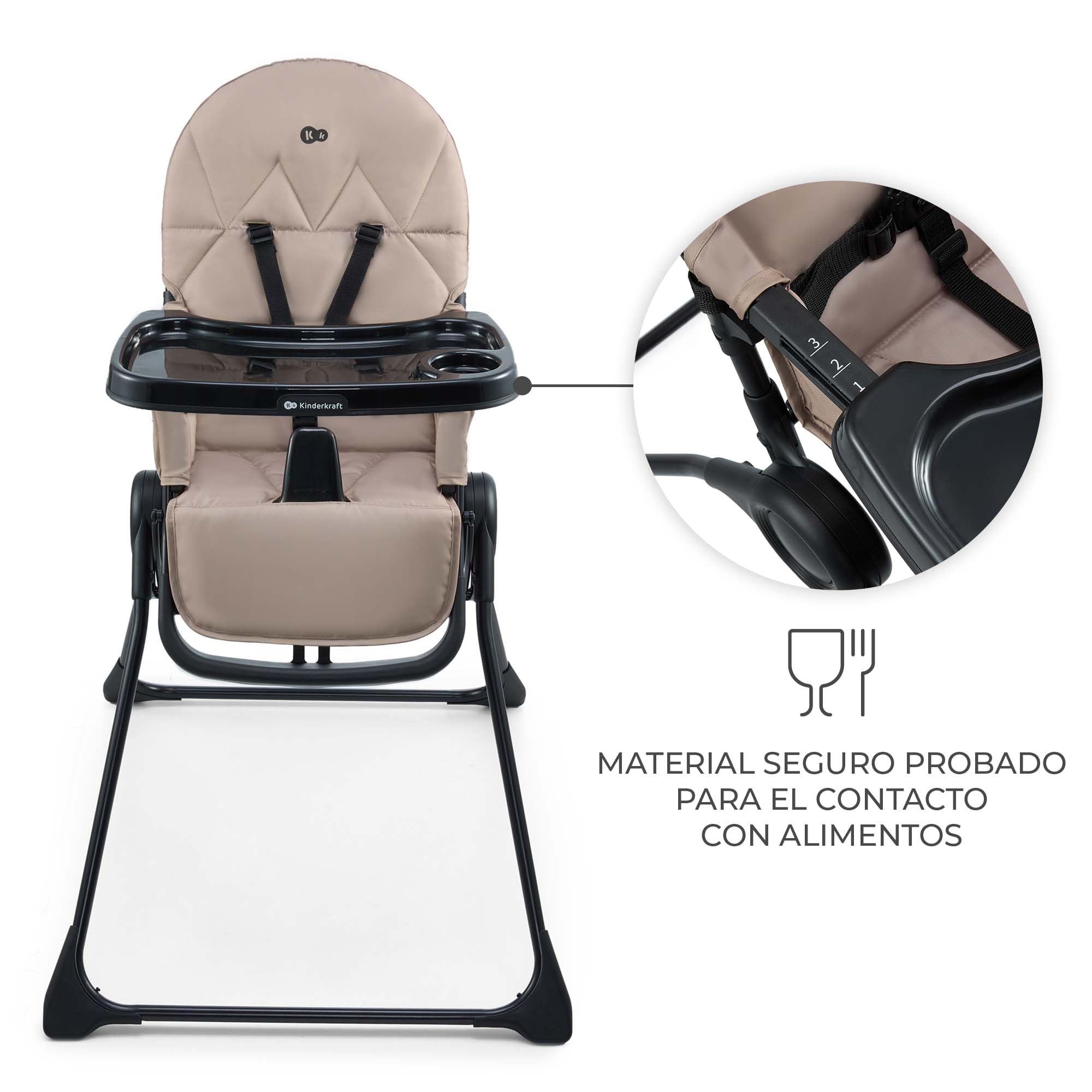 Kinderkraft BINCI, Trona Bebé, Ligera y plegable, con Bandeja, reposapiés y Arnés de 5 puntos, Ideal para Espacios reducidos y Viajes, Beige