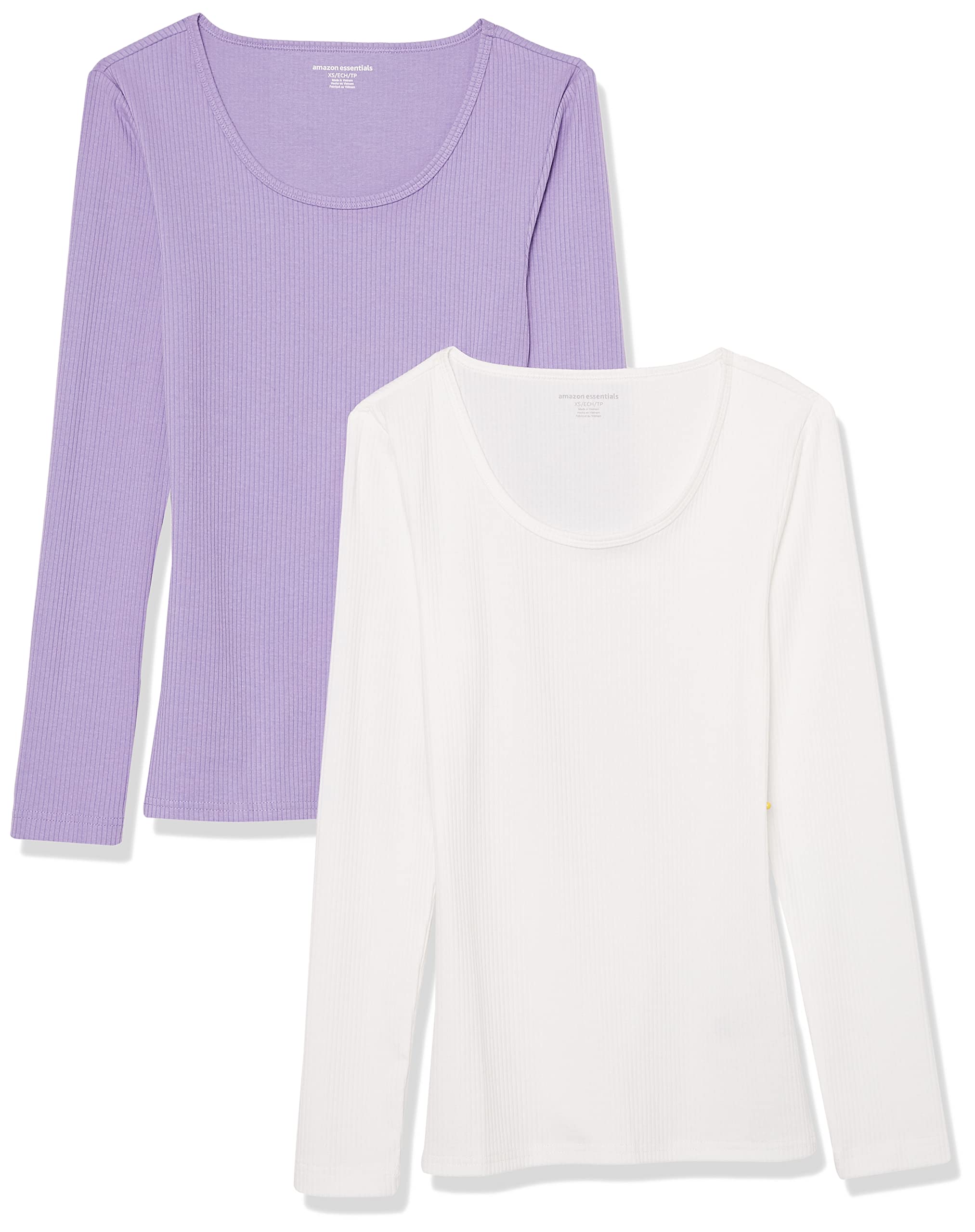 Amazon Essentials Women's Long Sleeve Slim-Fit Rib Scoop Neck Sweater, Fall Tops, Pack of 2, Lilac/White, Medium
