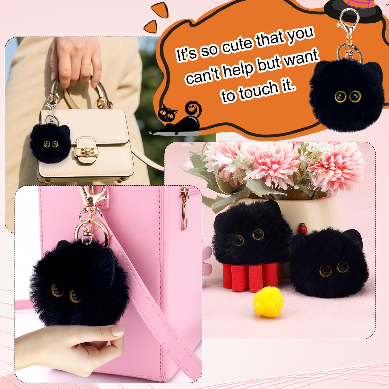 2szt Czarny Kot Miękki Brelok, Słodki Kot Pompon Brelok Miękki Kawaii Zawieszki Plecaka dla Kobiet Dziewczyn Kluczyki do Samochodu Portfele Akcesoria do Torby