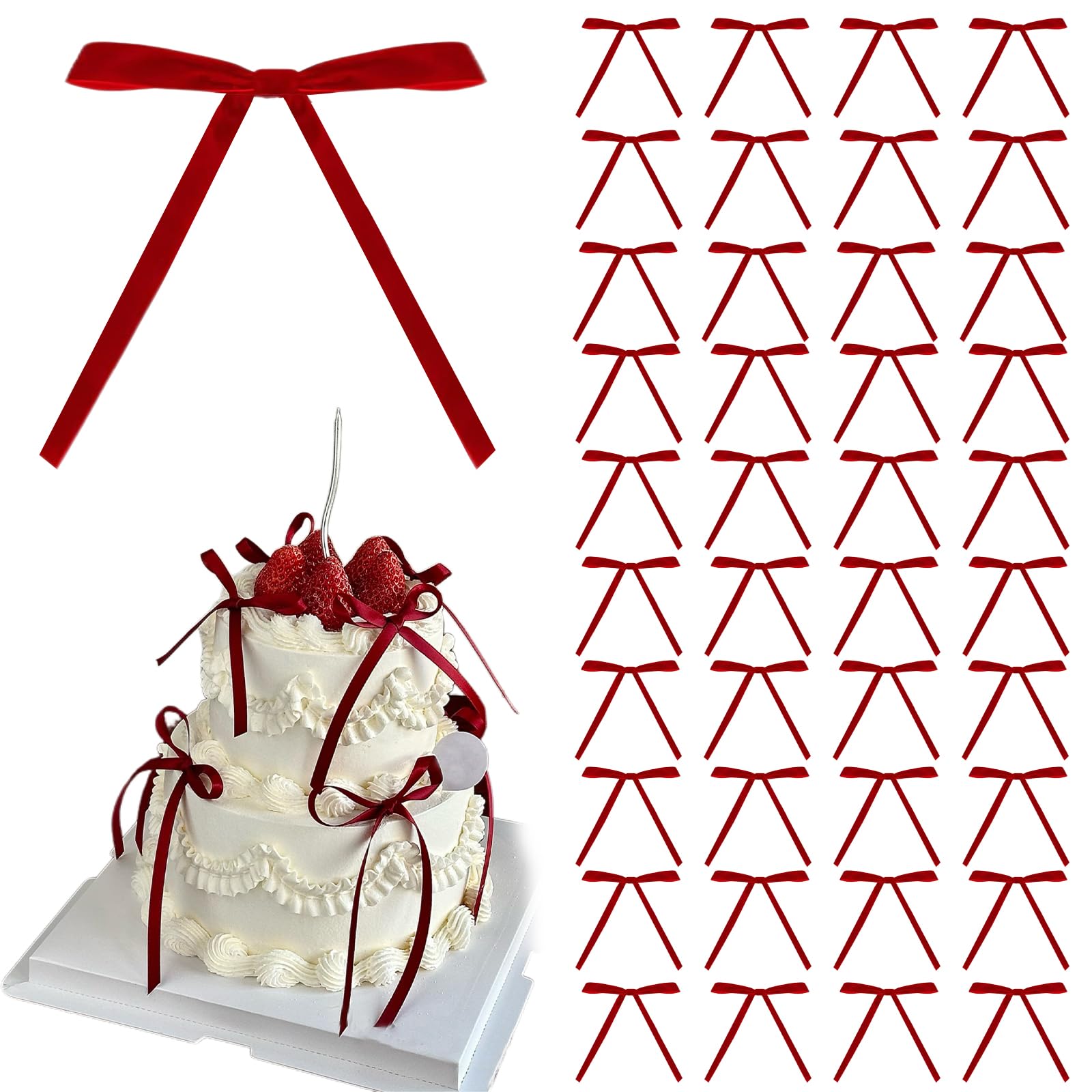 LUFFLOK 40 stuks taartdecoraties, rood, strikjes, taarttoppers, taartdecoratie, verjaardag, meisjes en dames, taarttoppers voor verjaardagsfeesten, bruiloften en babyfeestjes, feest (rood