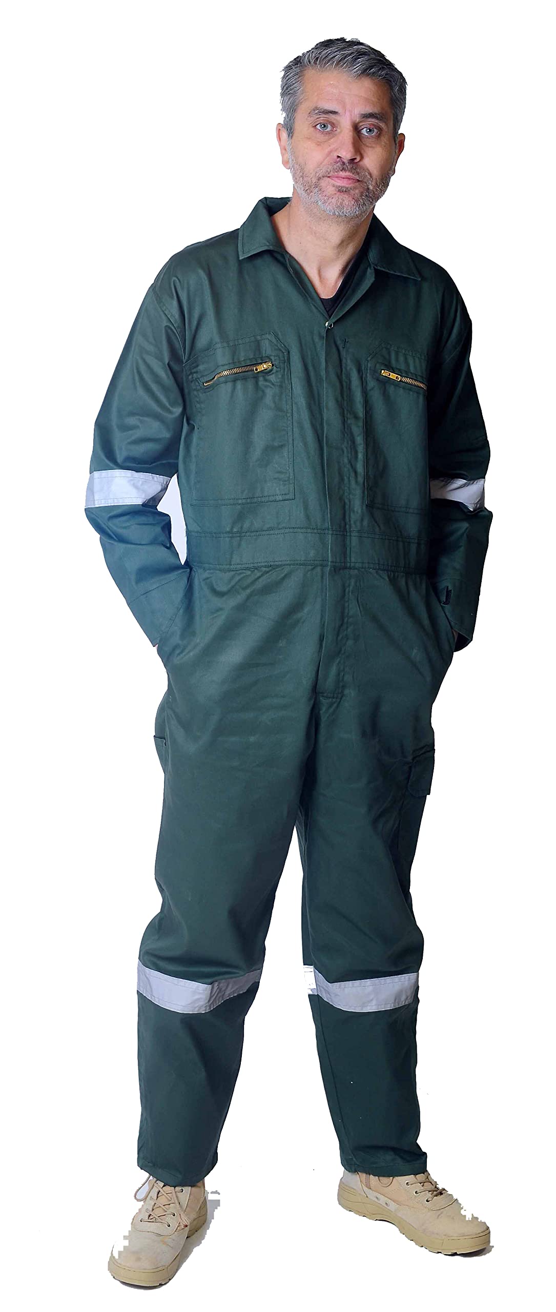 Grs Men's Forest Green Reflective Tape Boiler Suit Coverall Overalls Zip Pocket Safety Workwear (, Small - 38' Chest)