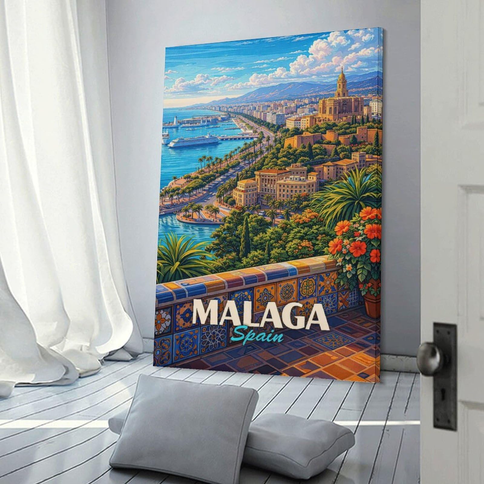 Junmoney Malaga, Spain Cityscape Canvas Art Print 20x30inch(50x75cm), for Feature Walls in Flats Or Modern Rooms, Decorative Artwork with Flexible Styling