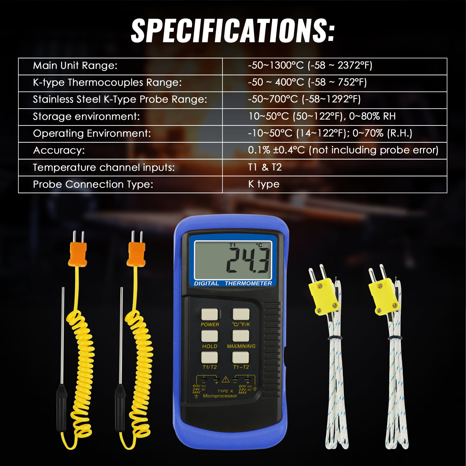 Alta Precisione Digitale Tipo K Termocoppia Termometro (-50~1300°C) con Doppio Canale 4 Sonde (Cablata & Acciaio Inossidabile) Palmare Alta Temperatura Scala Kelvin Metro Tester