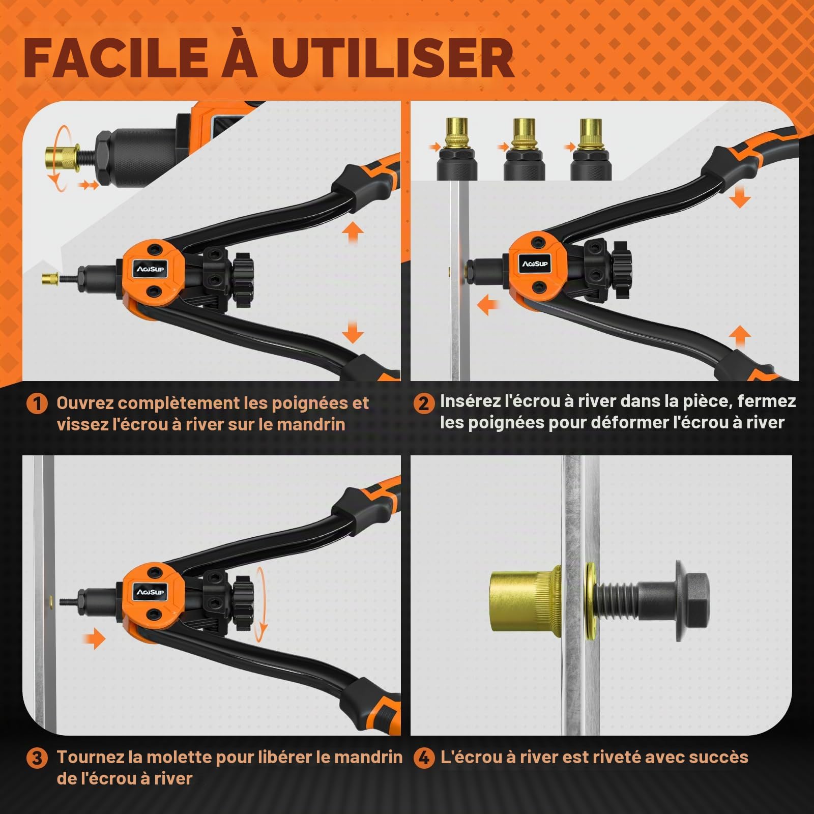 Pince à Écrou Fileté, Professionnels Pince a Insert Fileté, 14" Pince à Écrou à Riveter comprend 110 Écrous et 7 M3-M12 Mandrins Métriques, Ecrous Rivets avec Pistolet à Écrous à Double Poignée
