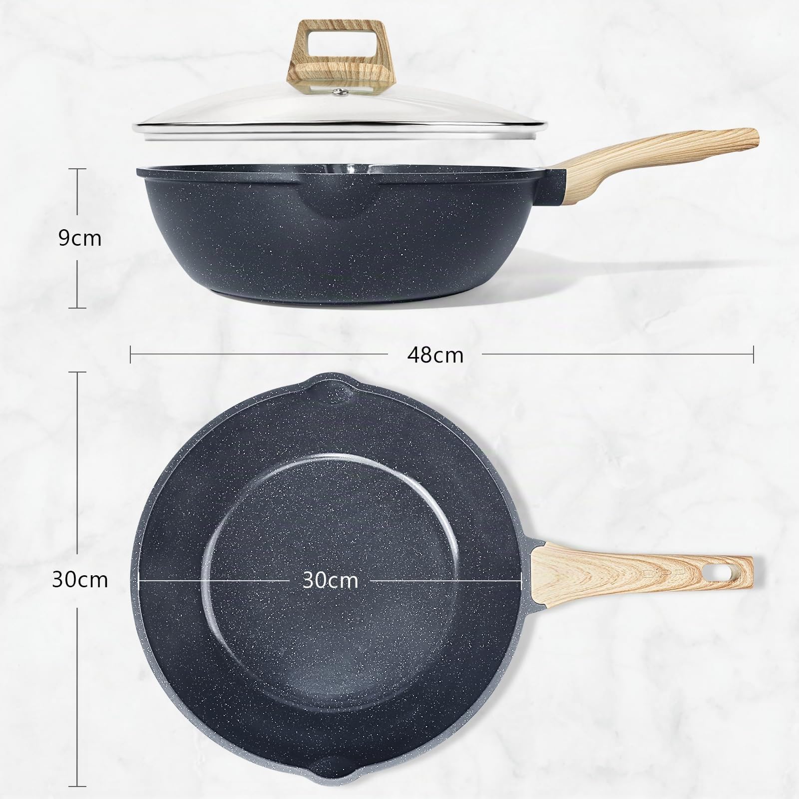 GiPP Schmorpfannen Bratpfannem 30cm Hoher Rand, Antihaft Wokpfanne mit Deckel, 5.1L Keramik-Antihaftbeschichtung 30cm Pfanne mit Deckel, PFOS/PFOA-frei, für alle Herdarten, Grau
