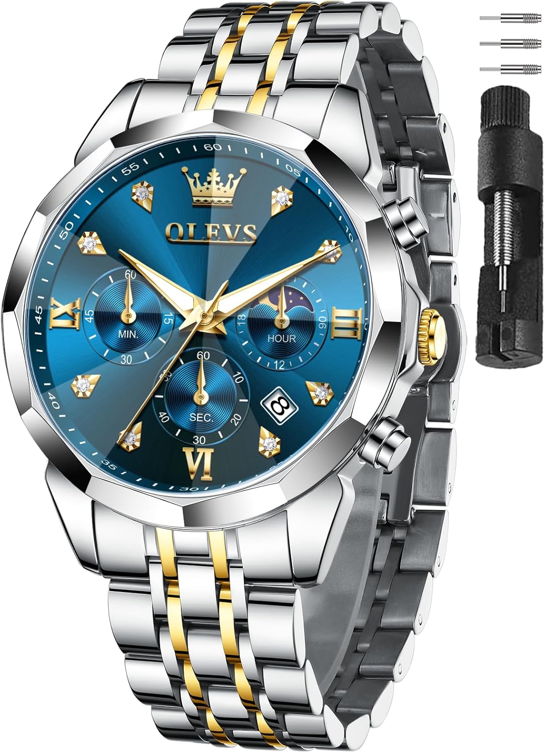 OLEVS Watches for Men Stainless Steel Dress Men Watch with Date Big Face Chronograph Waterproof Luxury Fashion Watch Blue/Black/Gold/Green/Silver Face Relojes para Hombres