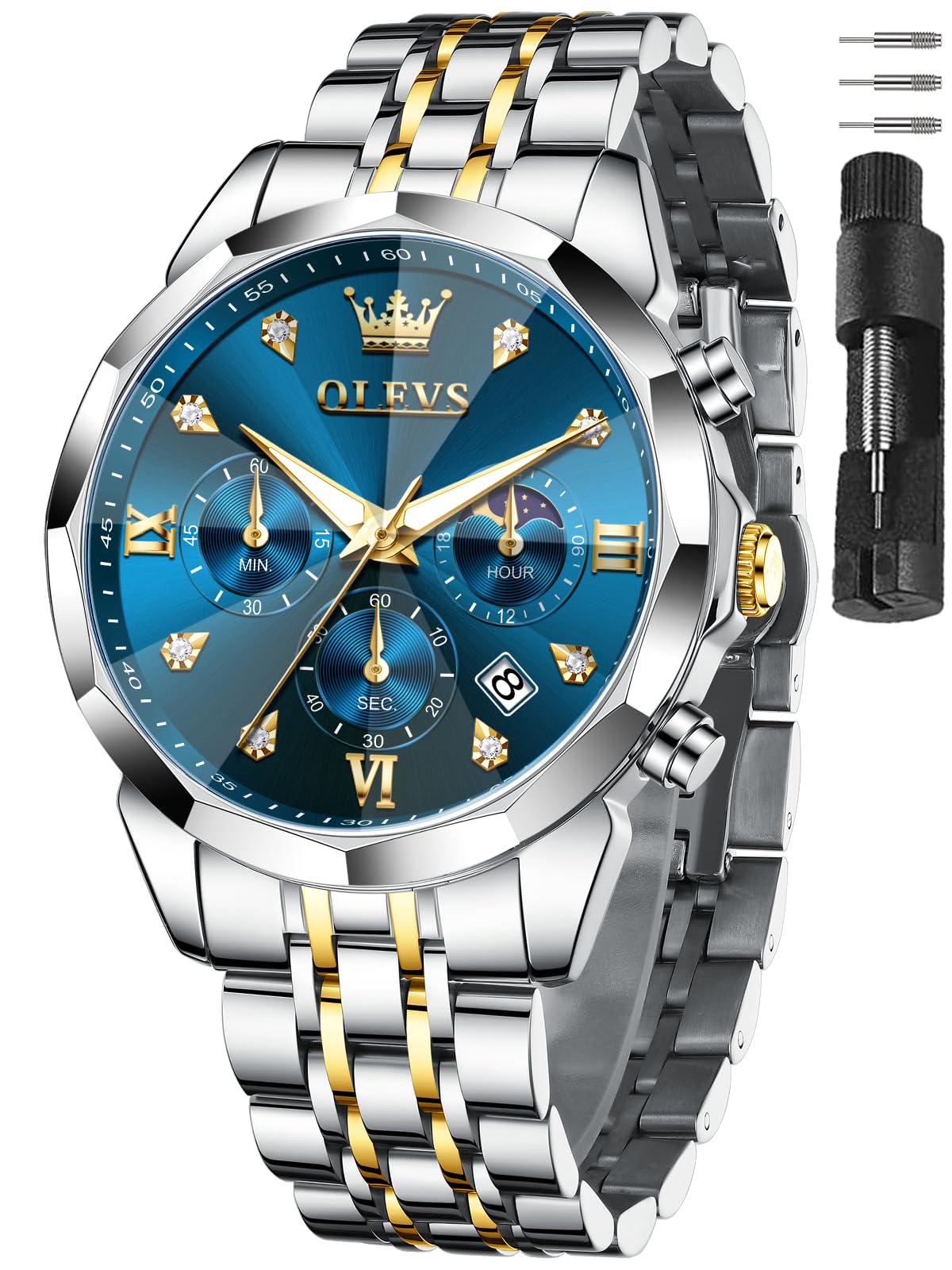 OLEVS Watches for Men Stainless Steel Dress Men Watch with Date Big Face Chronograph Waterproof Luxury Fashion Watch Blue/Black/Gold/Green/Silver Face Relojes para Hombres