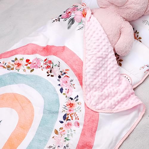 Miniatura 6 de Tapete para siesta para niños pequeños con almohada extraíble y manta suave de lunares Minky, tapete para siesta con estampado floral de arcoíris
